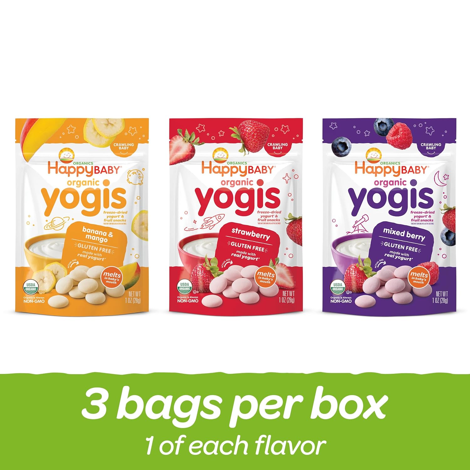 Happy Baby Organics 3 Flavor Yogis Freeze-Dried Yogurt & Fruit Snacks Variety Pack, 1 Ounce, 3 Count