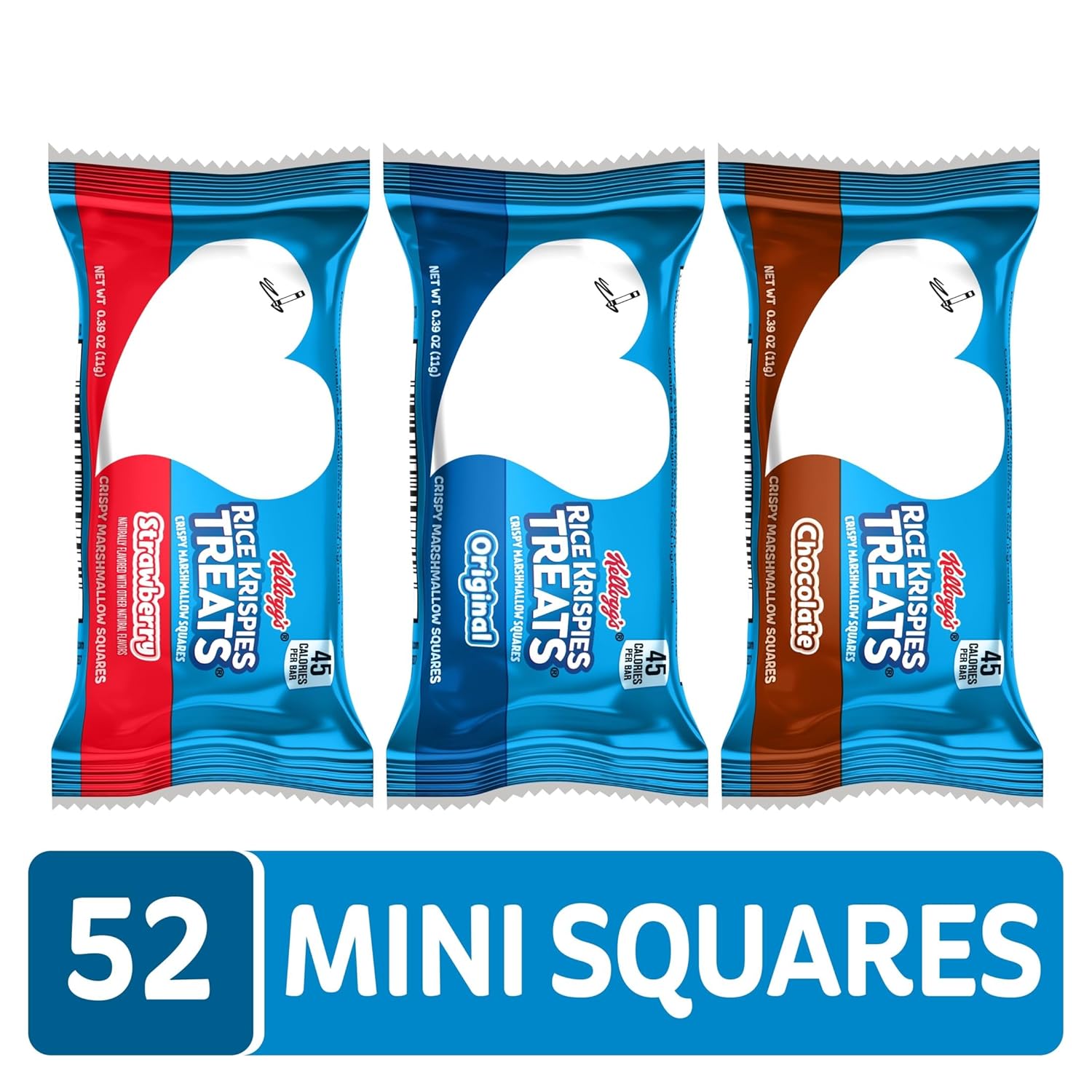 Kellogg's Rice Krispies Treats Mini Crispy Marshmallow Squares, Variety Pack, 20.1oz Box, 52 Bars, Chocolate, Original, Strawberry Flavors