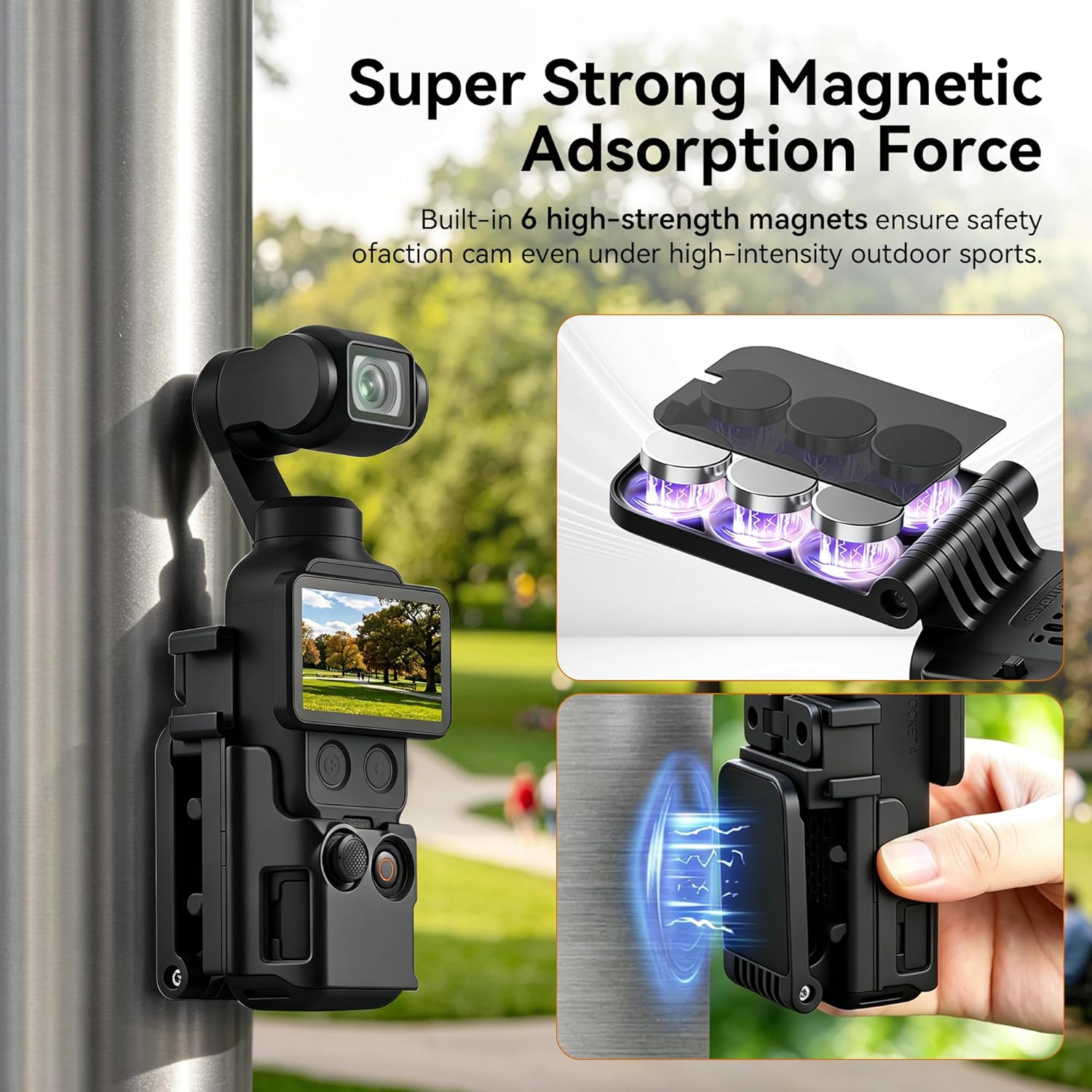 AMAZEAR Magnetic Mount Stand Compatible with DJI Osmo Pocket 4/3/Xtra Muse, Pocket4 Accessories Adapter Clamp Magnet Suction Case Holder on Desktop/Vertical Surface, 180° Adjustable Handle, Black
