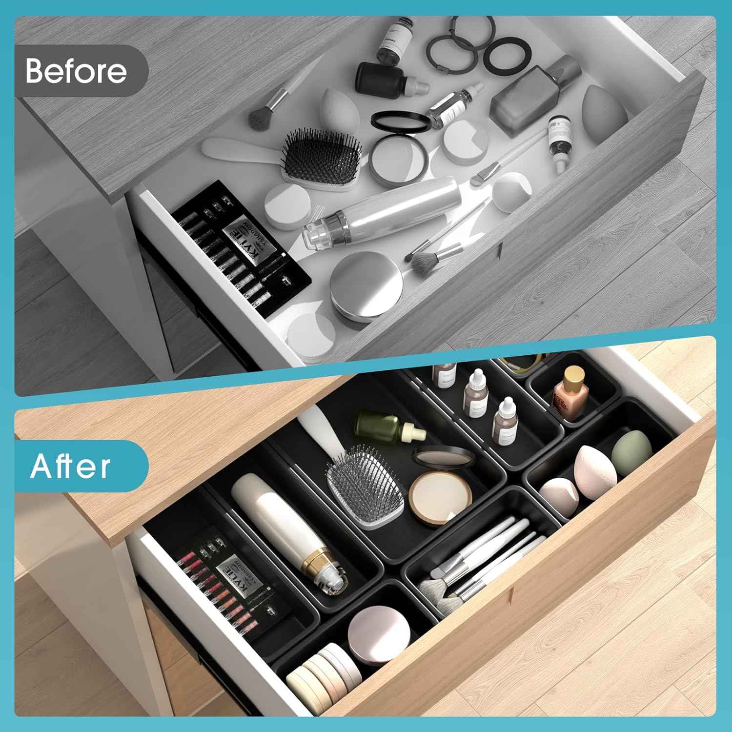 10 PCS Drawer Organizer Set, 4 Size Makeup Drawer Divider Organizer With Non-Slip Pads, Interlocking Plastic Storage Bins for Office,Jewelry Vanity,Gadgets, Bathroom,Kitchen, Black