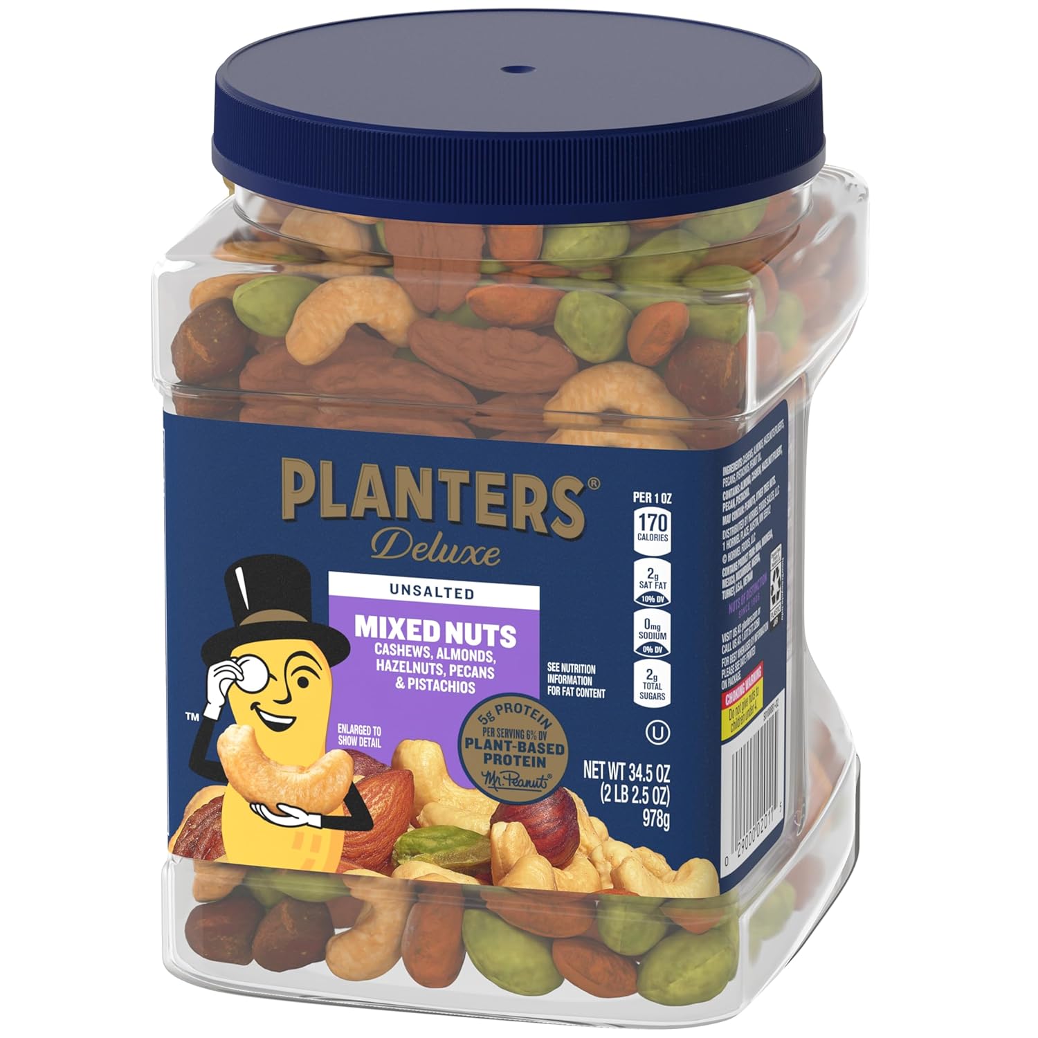 planters unsalted premium nuts 34.5 oz resealable container with roasted california pistachios and mixed nuts