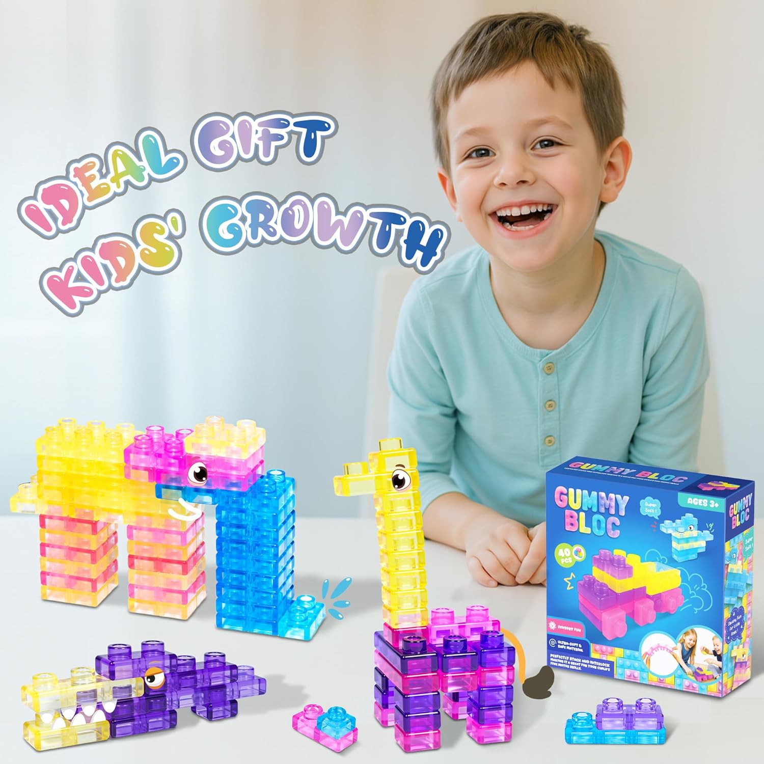 JOY SPOT! 40 PCS Sensory Soft Building Blocks for Toddlers, Kids Montessori Squishy Stacking Toy Set,Squeezable & Stretchable Early Learning Construction Playset,Puzzle Blocks for Creative Play
