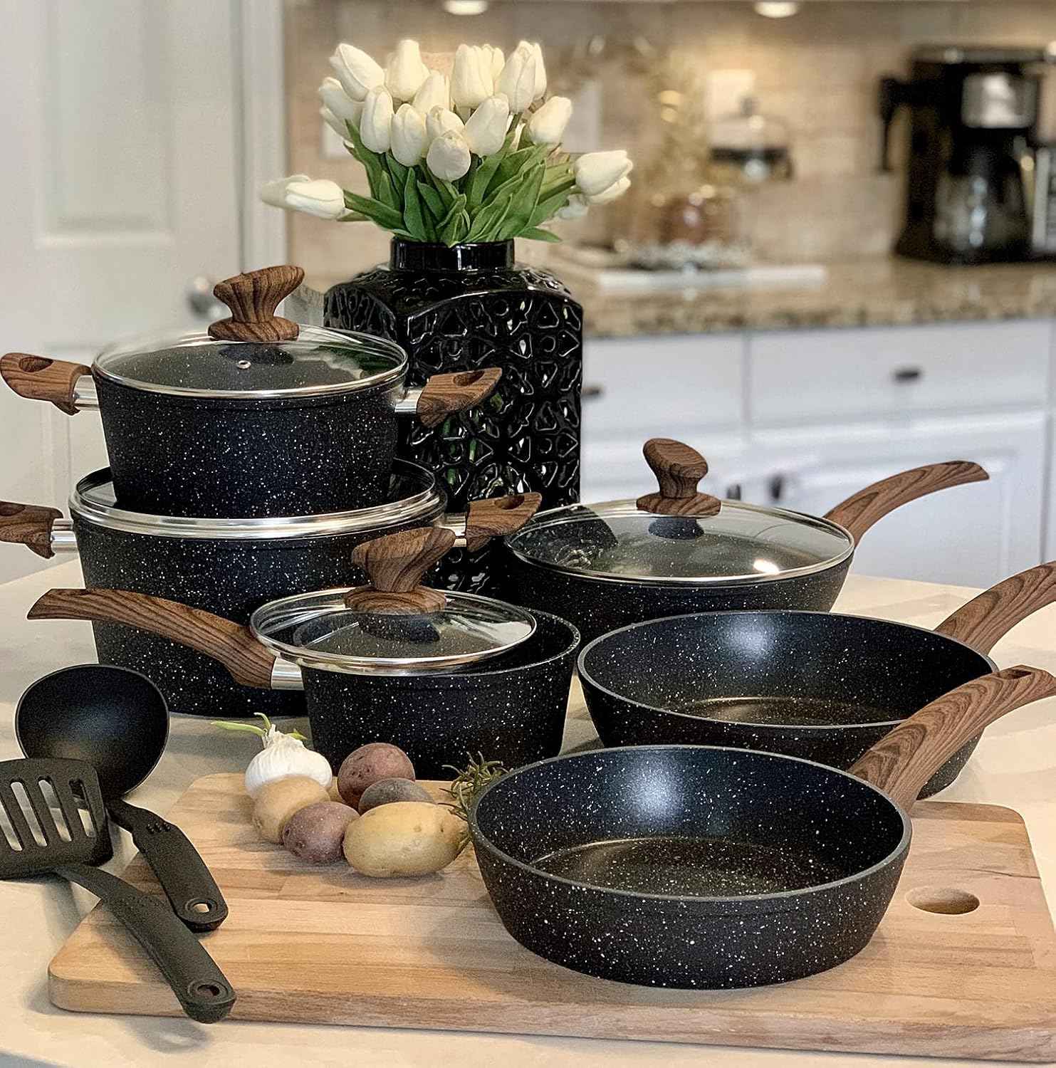 Kitchen Academy Induction Pots and Pans Set Non Stick - 12 Piece Granite Cookware Set, Black Kitchen Nonstick Cooking Pans Set