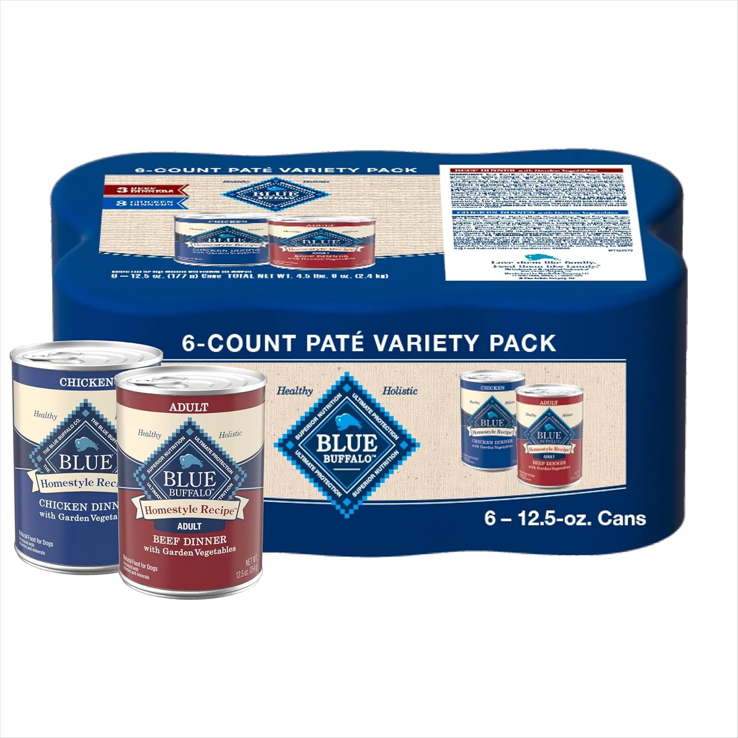 blue buffalo homestyle recipe adult wet dog food, chicken and beef dinner variety pack, 12.5-oz cans, 6 count, 3 of each
