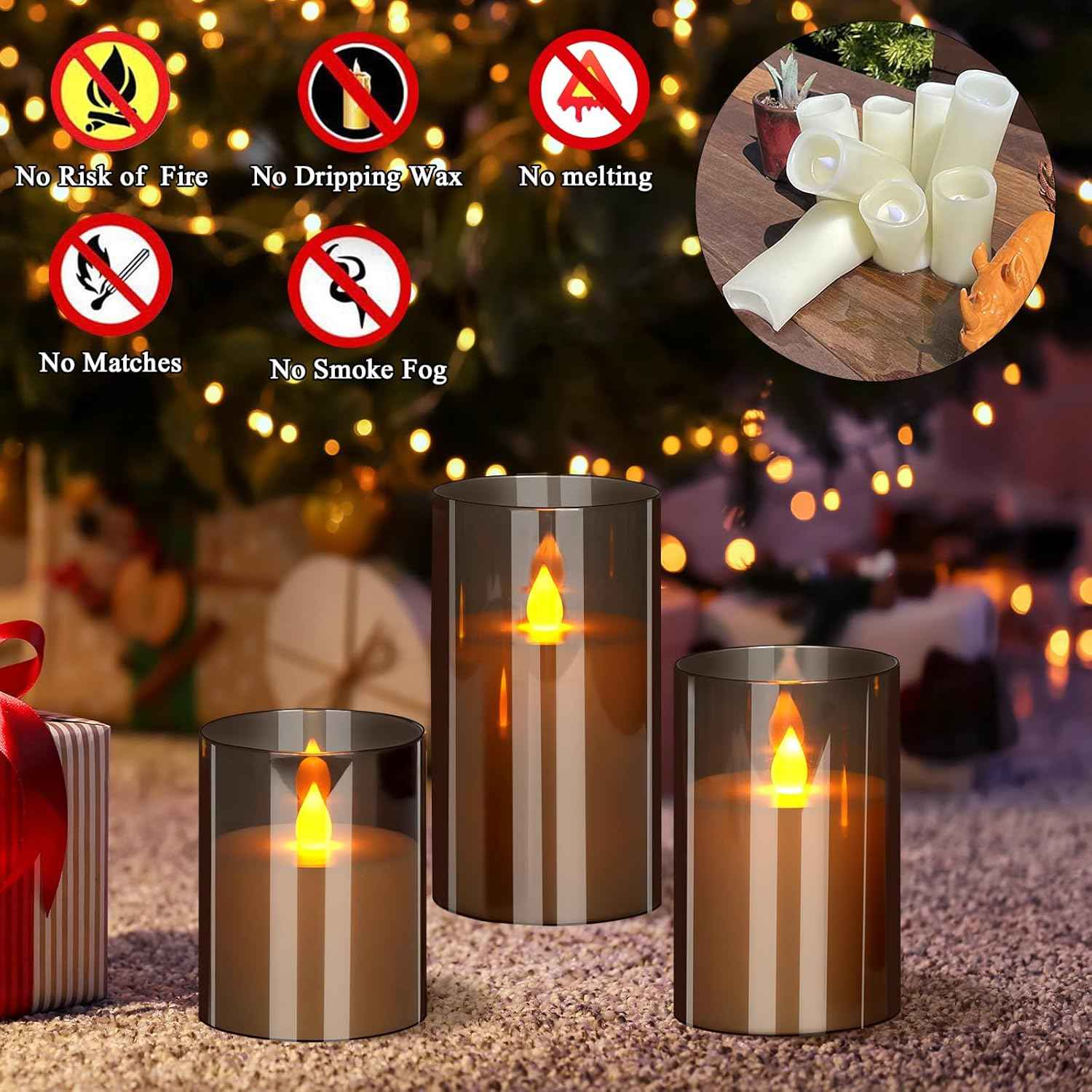 Flameless Candles 4" 5" 6" Set of 3 Acrylic Glass Pillars 3" Diameter Battery Operated Flickering Candles Include 10-Key Remote with Timer Function 400+ Hours (Gray, Warm Light 3 Pack)