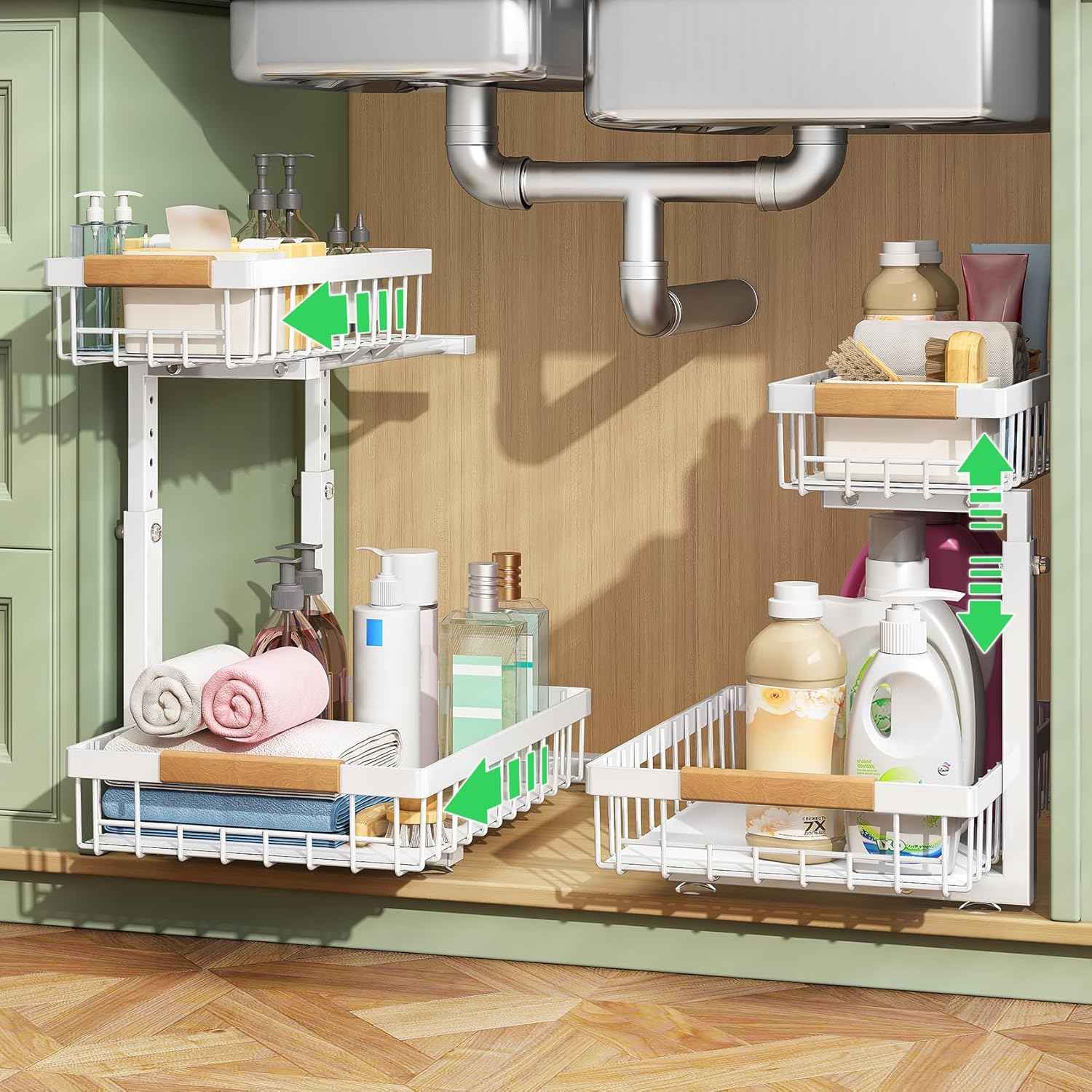 Under Sink Organizer, 2 Packs 2 Tier Under Sink Organizers and Storage, Slide out Pull out Cabinet Organizer Shelf, Metal Sliding Drawer for Kitchen Bathroom Pantry Cabinet Closet Organization Rack