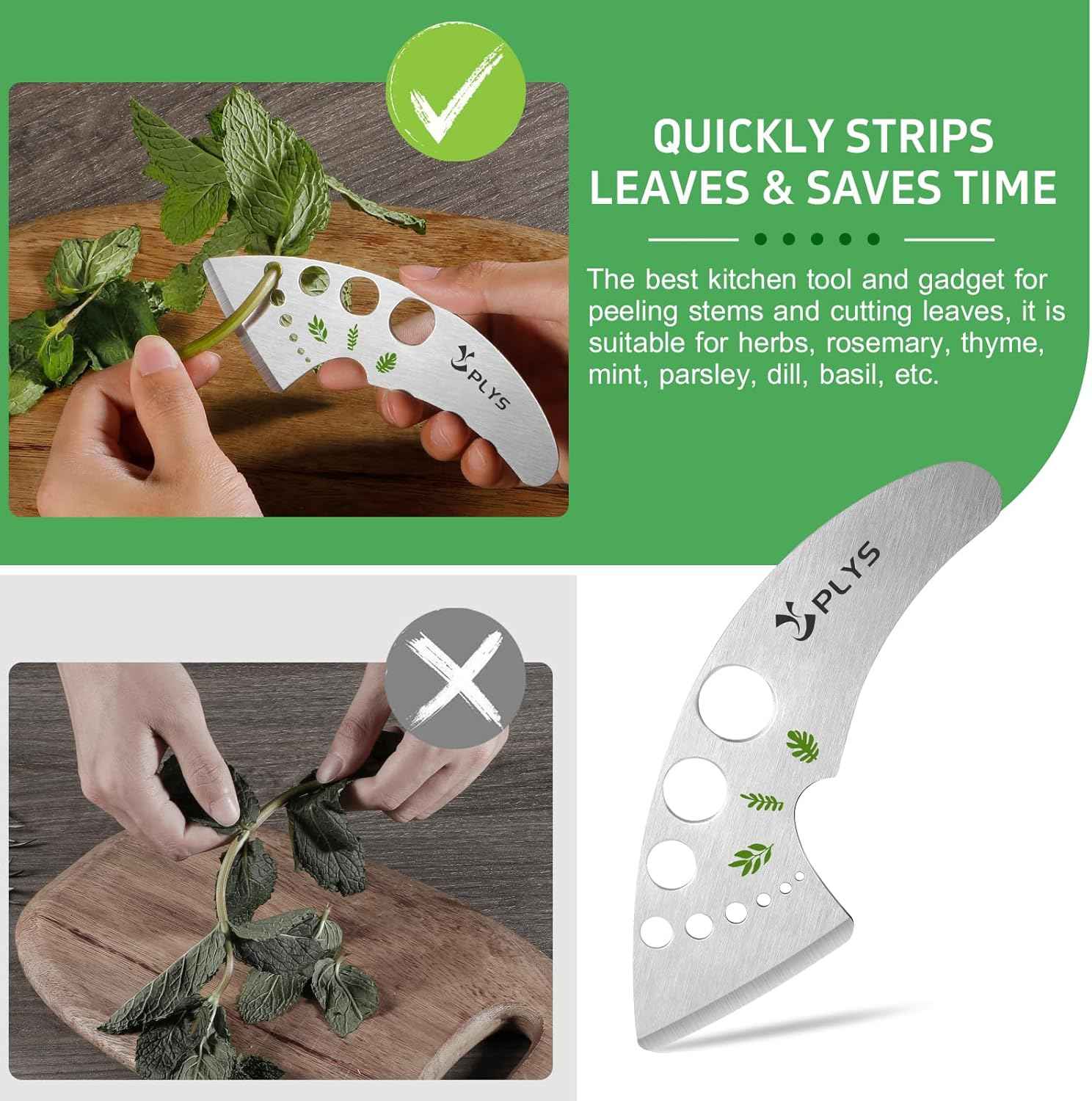 Plys Herb Stripper Tool 9 Holes - Stainless Steel Kitchen Herb Stripping Tool, Herb Leaf Peeler for Kale, Chard, Collard Greens, Rosemary, Thyme, Parsley and Basil, 2025 Professional Kitchen Gadgets