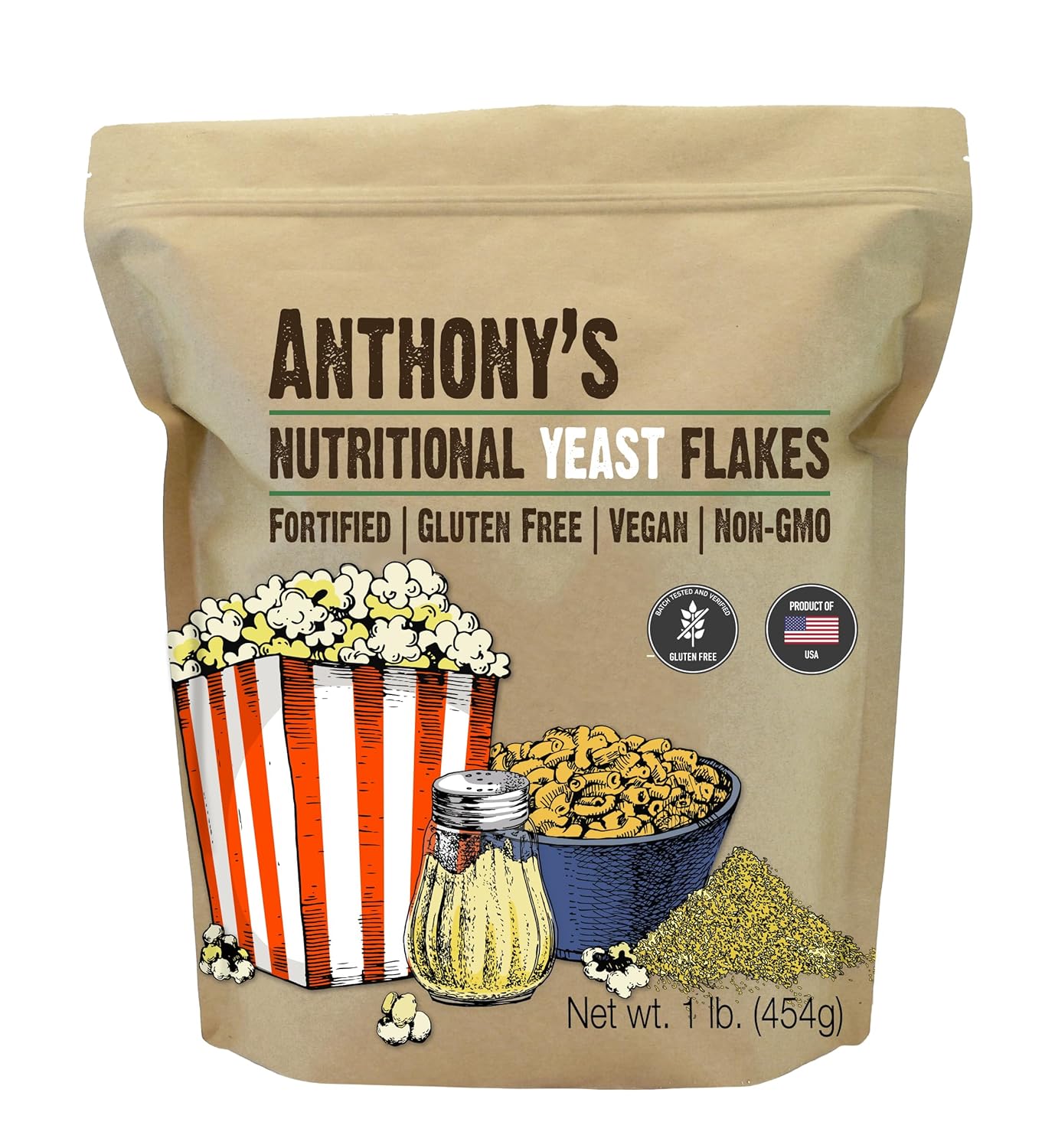 anthony's premium nutritional yeast flakes 1 lb fortified gluten free non gmo vegan nutrition
