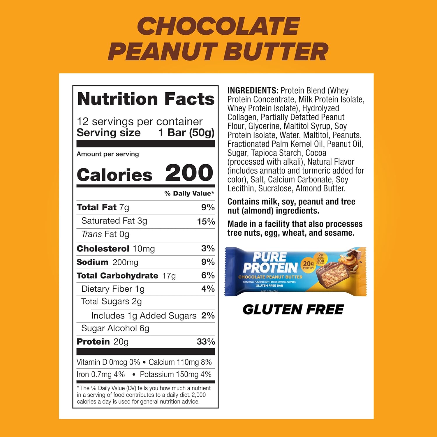 Pure Protein Chocolate Peanut Butter Protein Bars - 12 count - 20g Protein, 3g Sugar, 190 Calories - Gluten Free