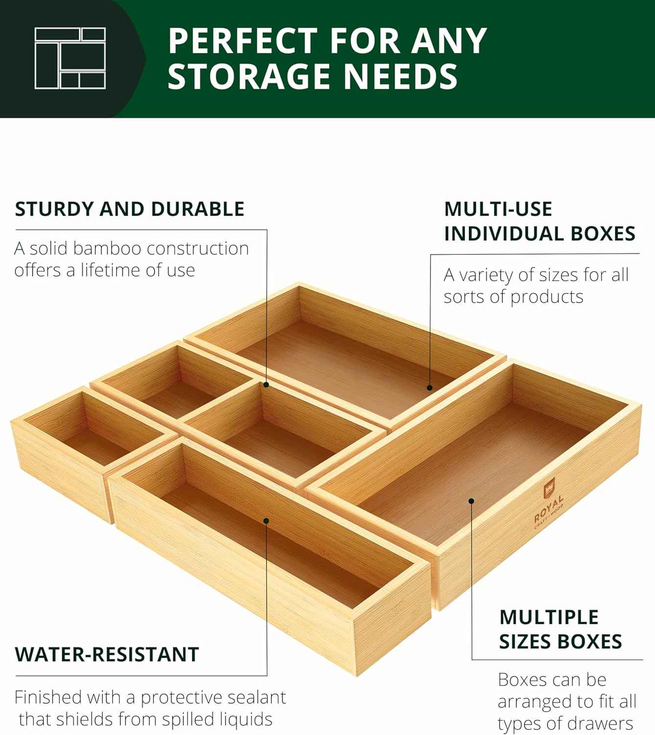 ROYAL CRAFT WOOD 5-Piece Bamboo Drawer Organizer Set – Multi-Use Storage Trays for Kitchen, Bathroom, Office, Makeup, Jewelry & More – Junk Drawer Tray, Utensil Holder, Storage Box & Bin Set (5 Boxes)
