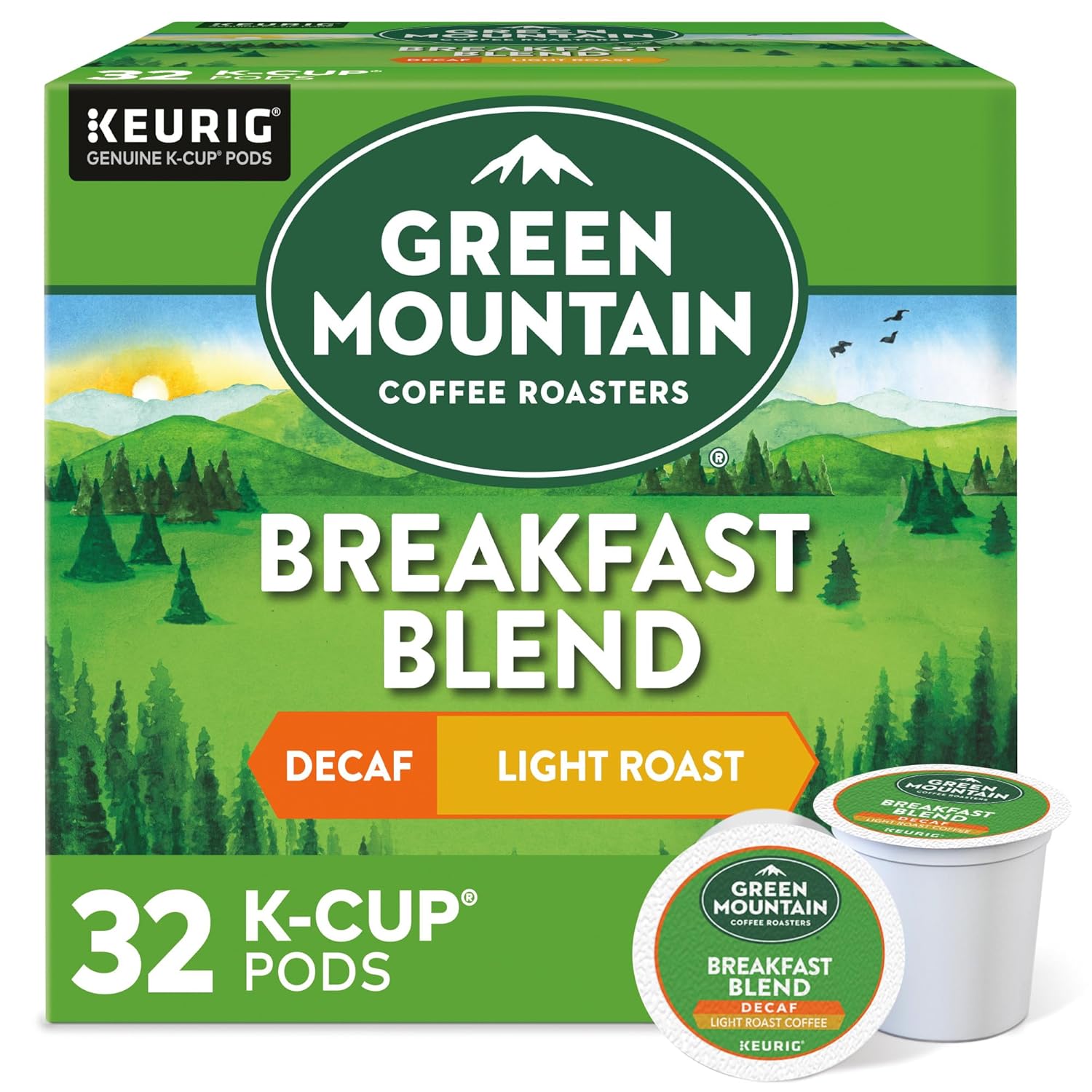 Green Mountain Coffee Roasters Decaf Breakfast Blend, 32-count, single-serve K-Cup pods, light roast, Orthodox Union Kosher