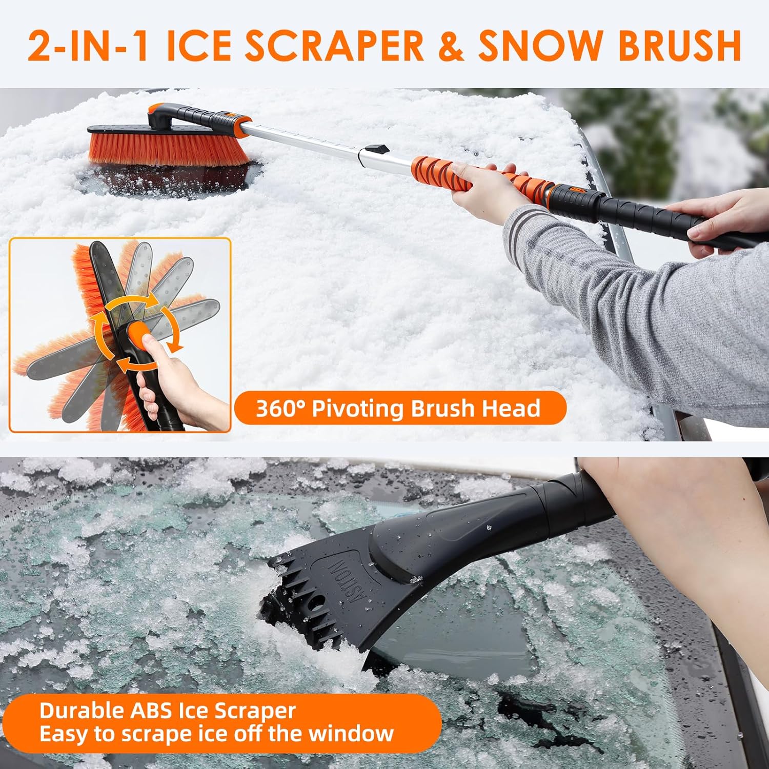 astroai 47.2 inch ice scraper with extendable snow brush and 360° pivoting head for cars and trucks (orange)