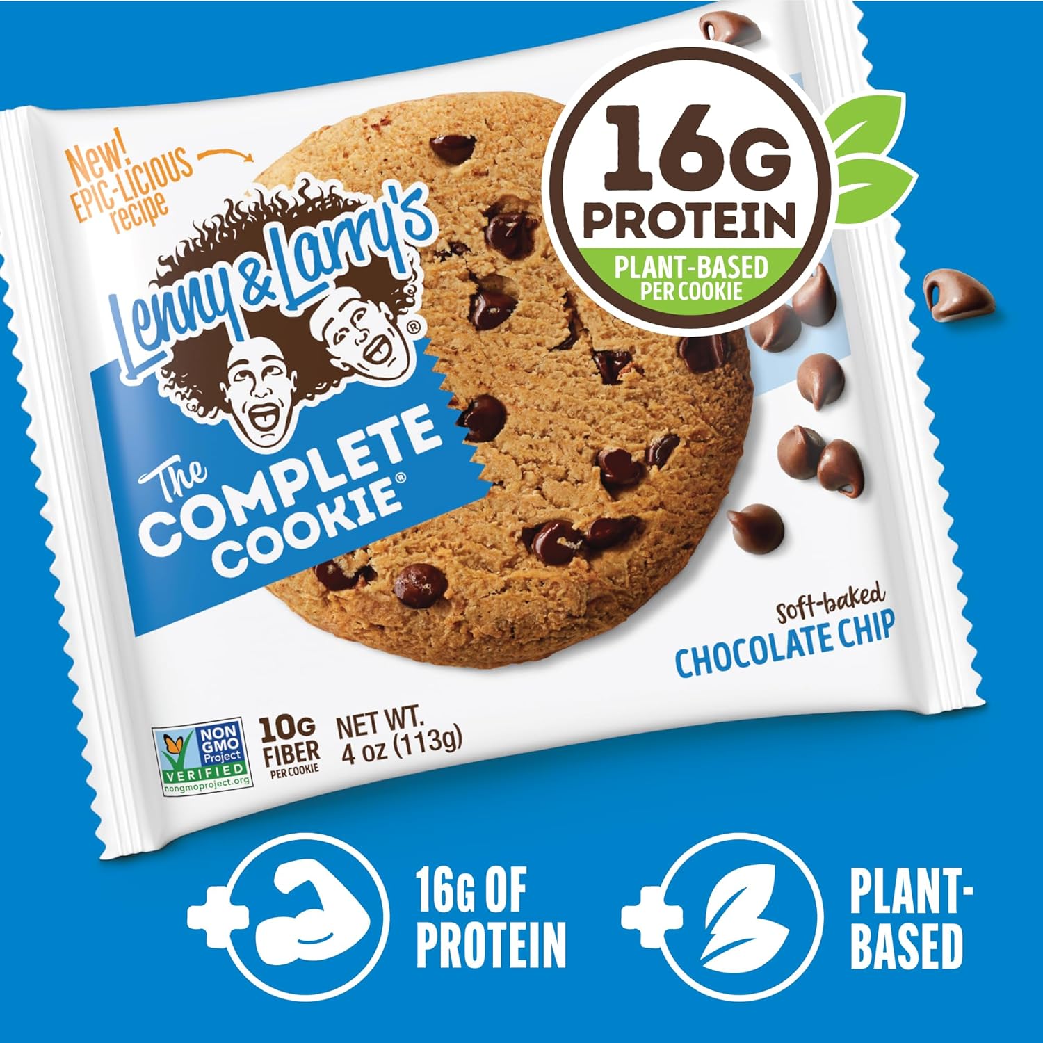 Lenny & Larry's Complete Chocolate Chip Protein Cookies, soft-baked, 16g plant protein, vegan, non-GMO, high fiber, 4 oz, 12-pack