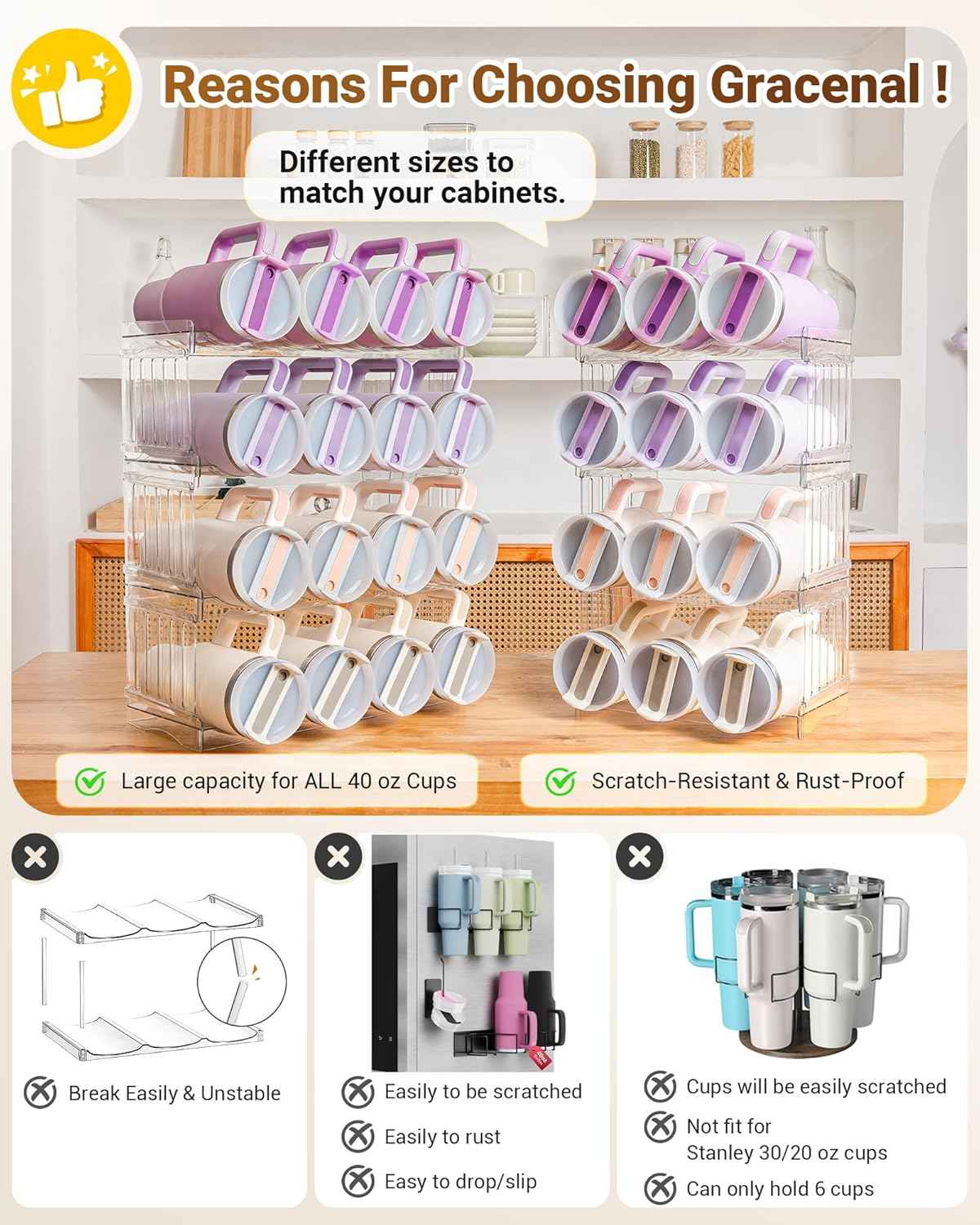 Large Tumbler Organizer for Stanley Cup 40 oz, Patented Kitchen Pantry Organizers and Storage for Stanley Cup Accessories, Stackable Water Bottle Organizer Holder Gifts 4Pack Large-12-bottle