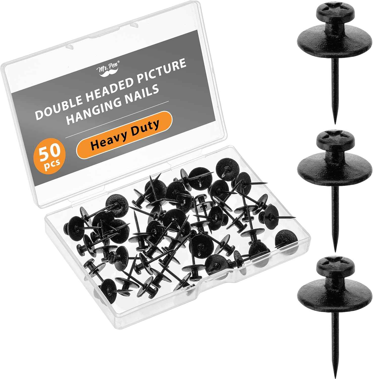 Mr. Pen- Double Headed Picture Hanging Nails, 50 Pack, Black, Push Pins for Wall