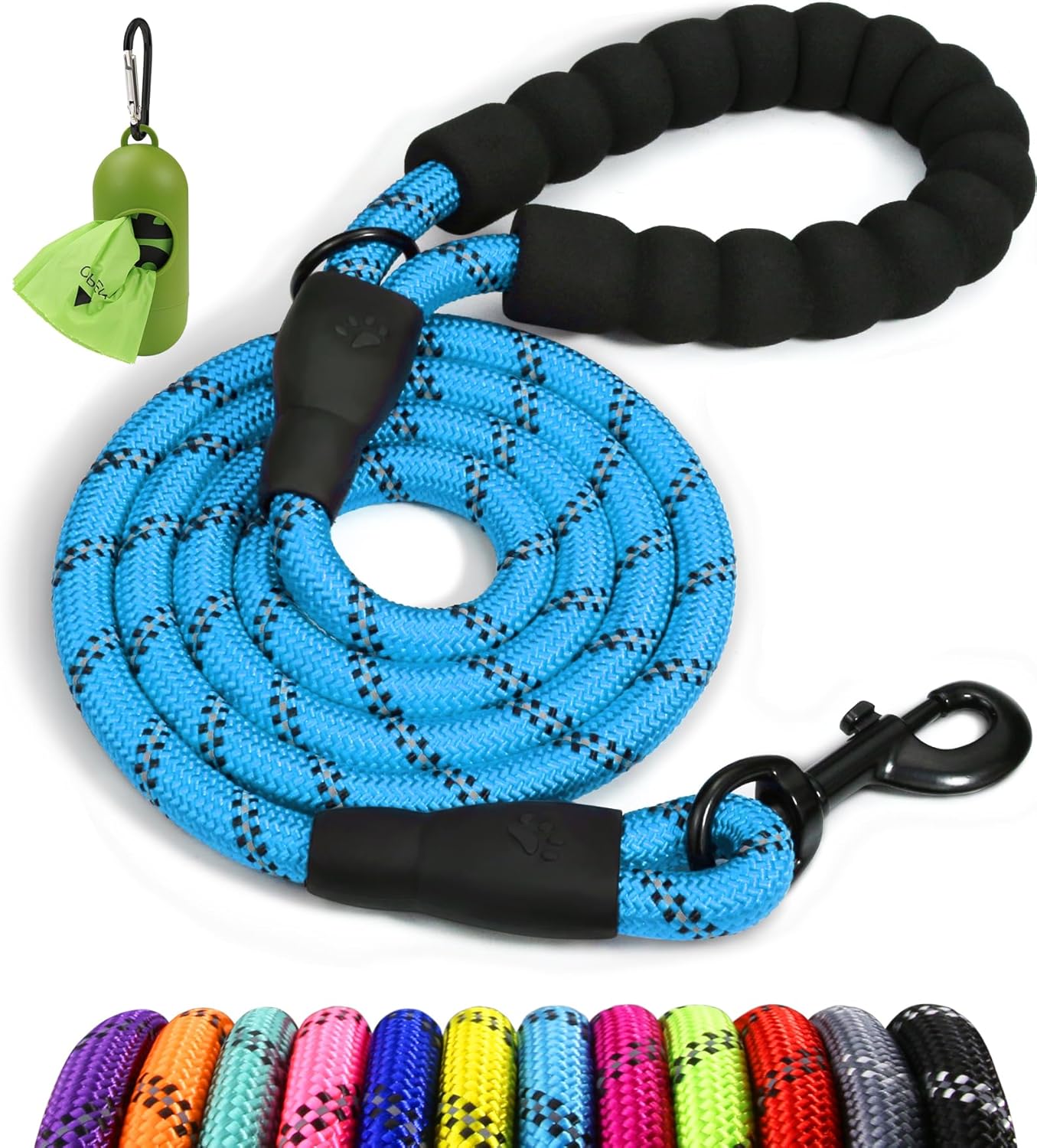 Taglory 6 FT Rope Dog Leash for Medium Large Dogs with Padded Handle, Reflective Threads, 1/2 inch, Black