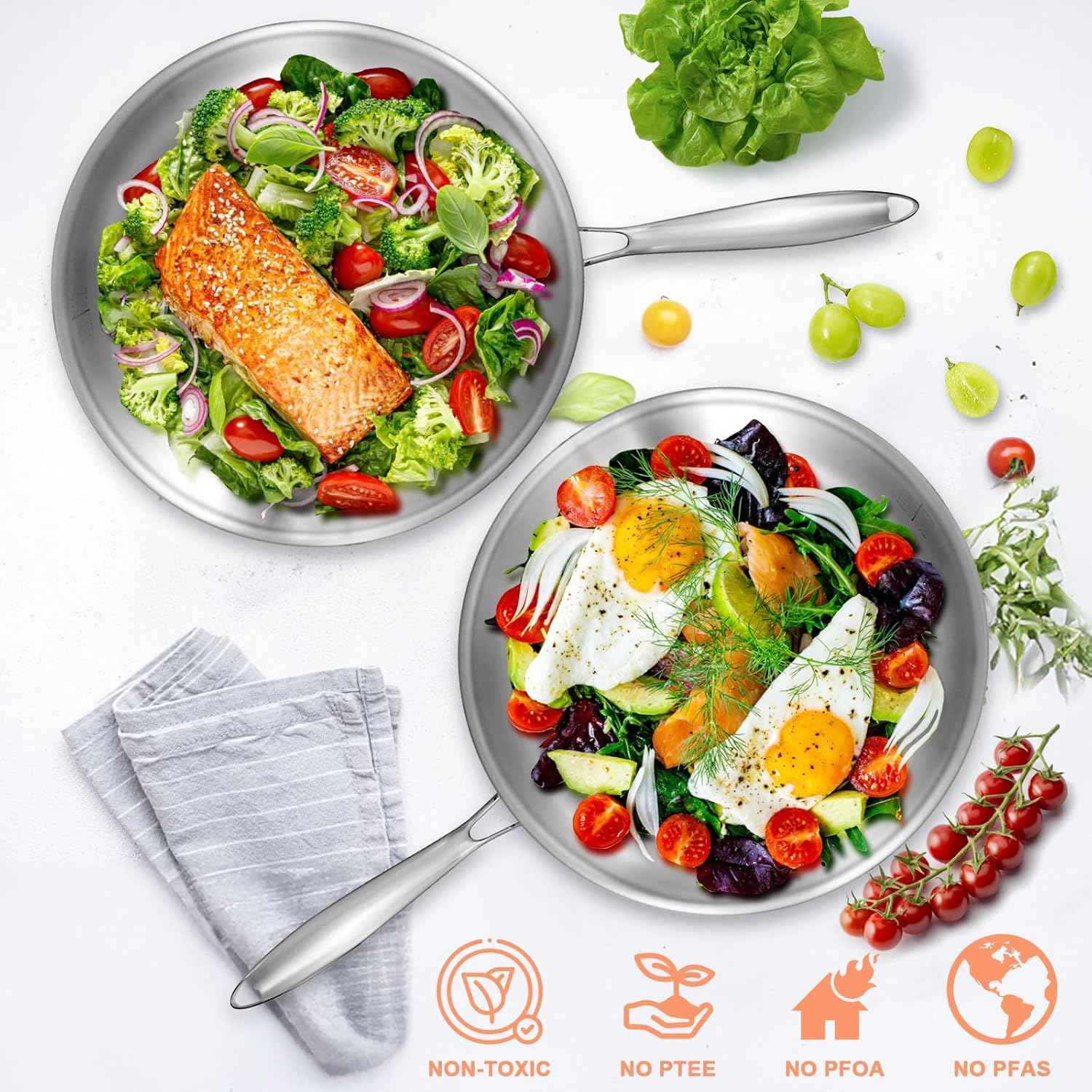 EWFEN 12 Inch Tri-Ply Stainless Steel Frying Pan, Compatible with All Cooktops Up to 600℉, Large Frying Pan with lids, Induction-Ready Skillet, Dishwasher and Oven Safe, Even Heat, 12" Saute Pan+Lid