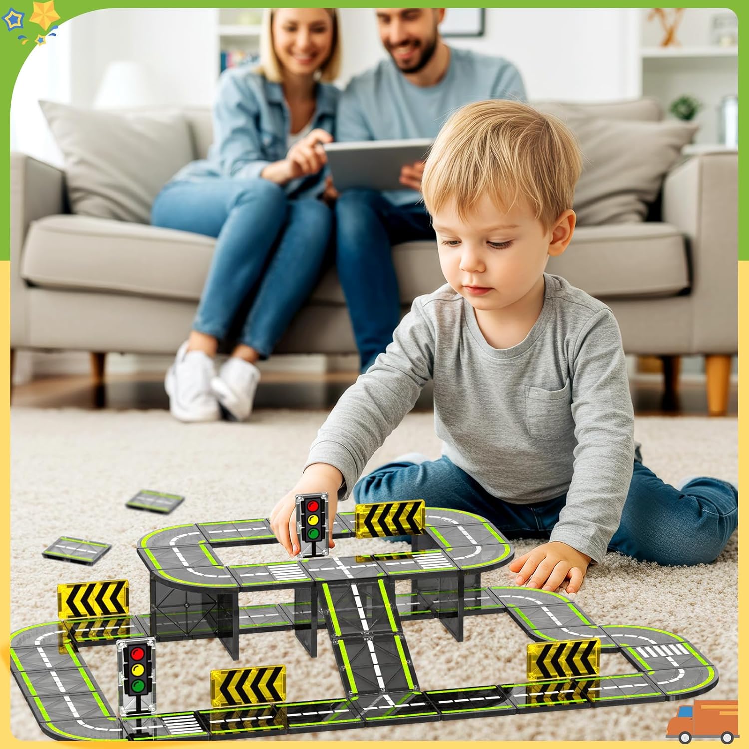 HarworLife Magnetic Tiles Road Set, Magnetic Building Blocks for Toddler Kids, Montessori Educational Magnet Toys for Kids Ages 3+Year Old, STEM Creative Toy for Christmas Birthday Gifts