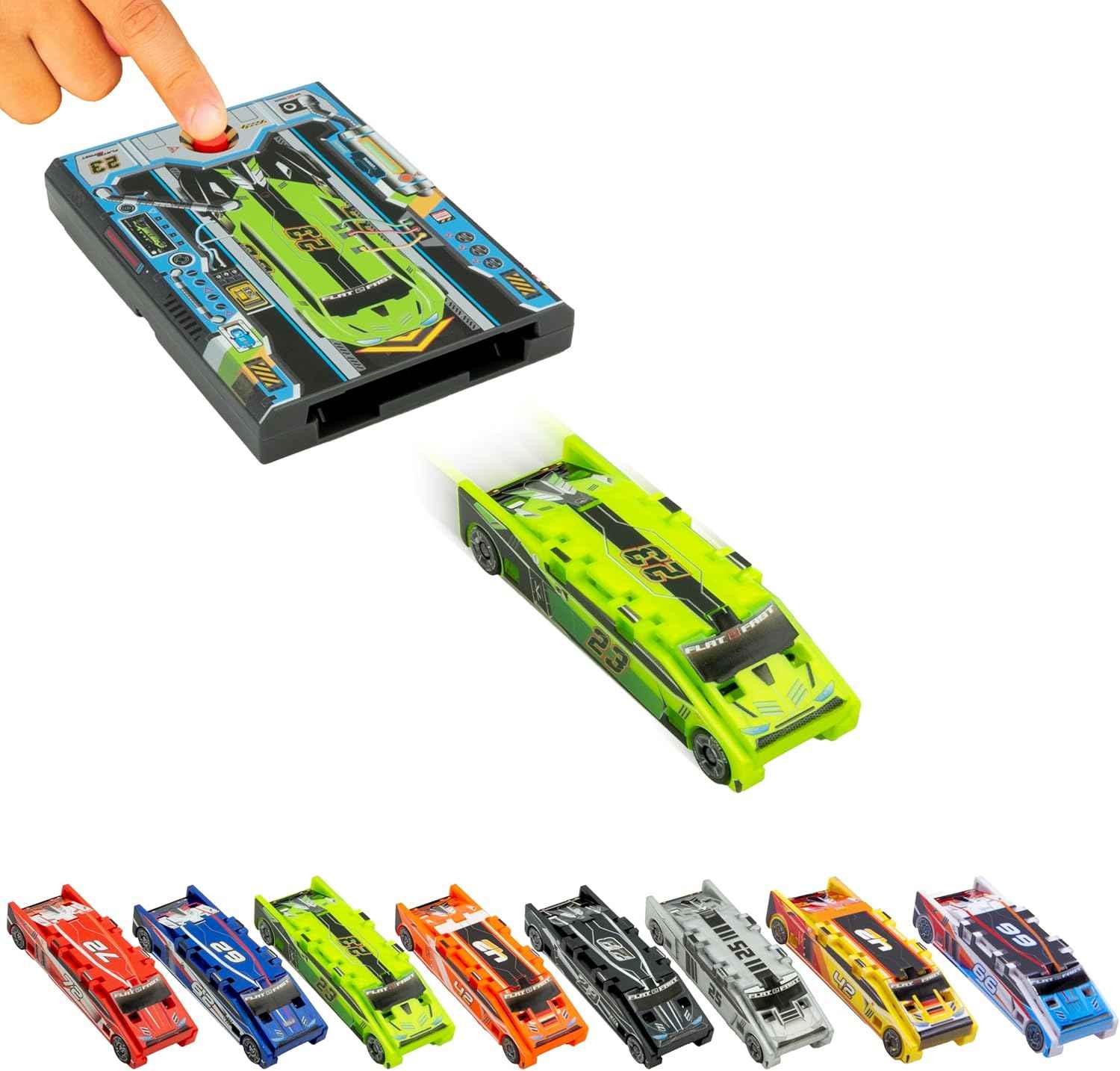 FLAT 2 FAST Original Stunt Card Racer – Flat Car Racer and Pocket Size Racecar Launcher with Built-in Button for Stunt Launching and Racing – Compact – Crimson Red