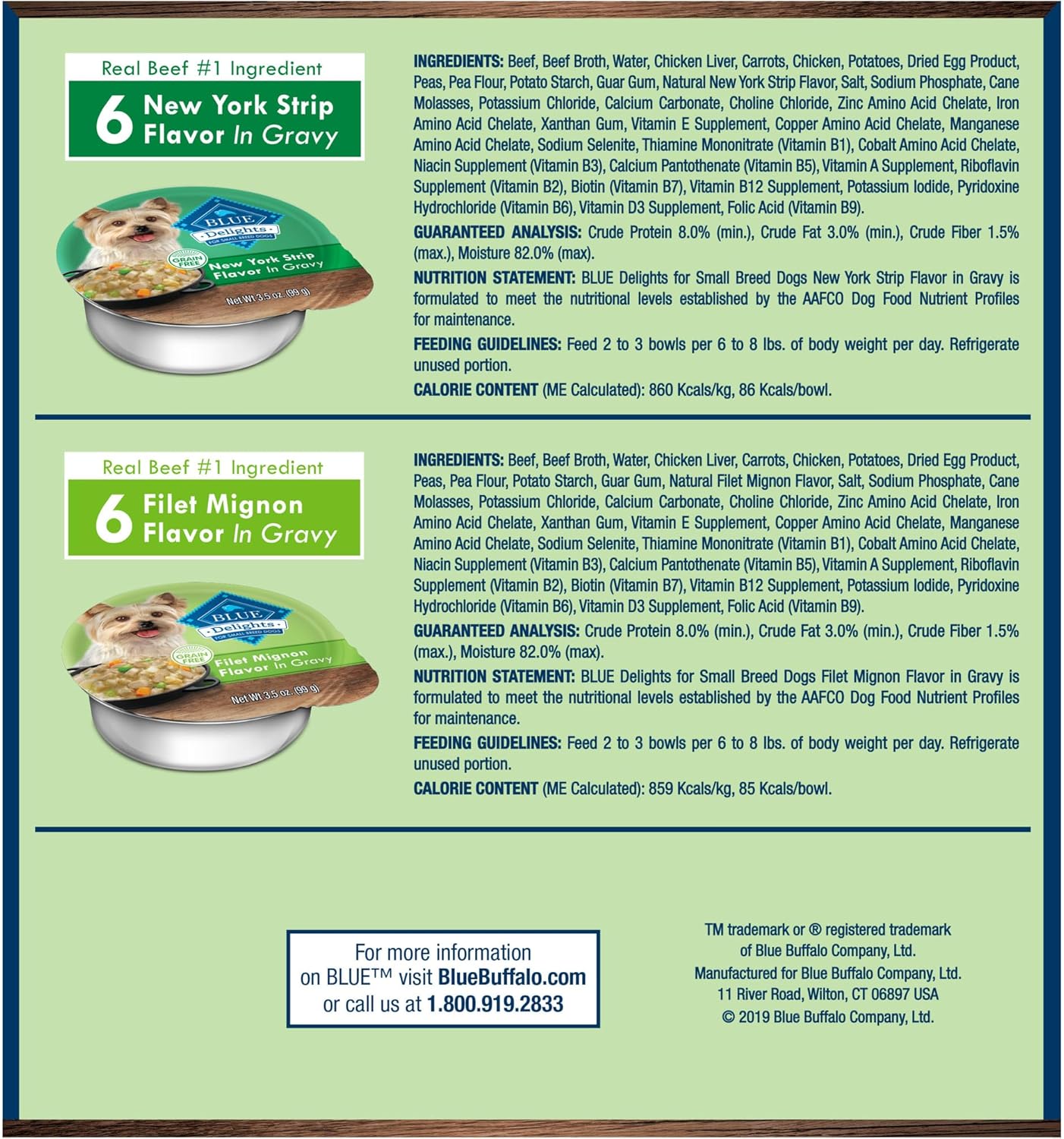 blue buffalo delights natural adult small breed wet dog food, variety pack, made with natural ingredients, filet mignon & new york strip recipe