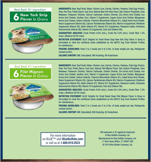 blue buffalo delights natural adult small breed wet dog food, variety pack, made with natural ingredients, filet mignon & new york strip recipe