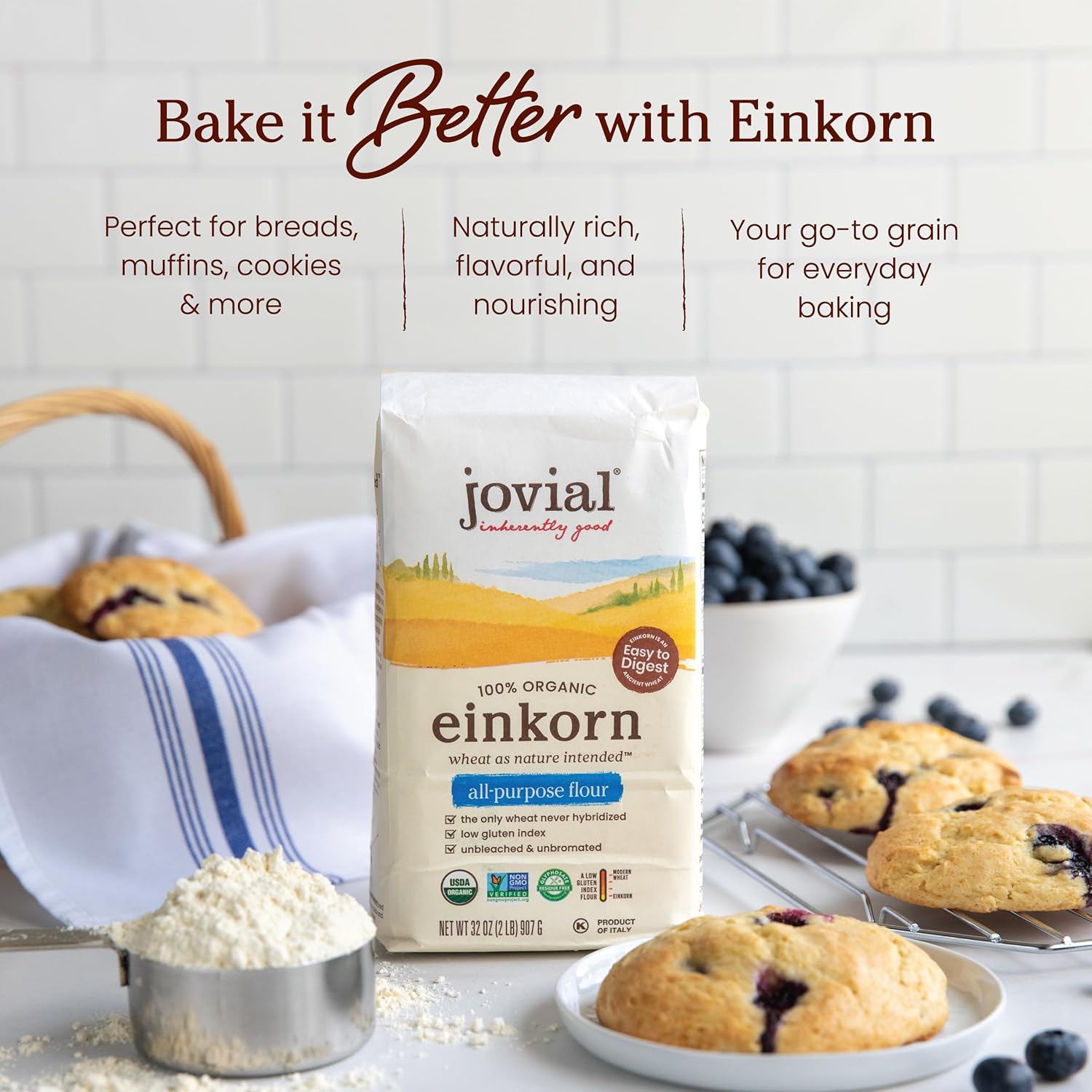 Jovial 32 oz Organic Einkorn Unbleached All Purpose Flour for Sourdough Pizza Pasta European Italian Bread Baking