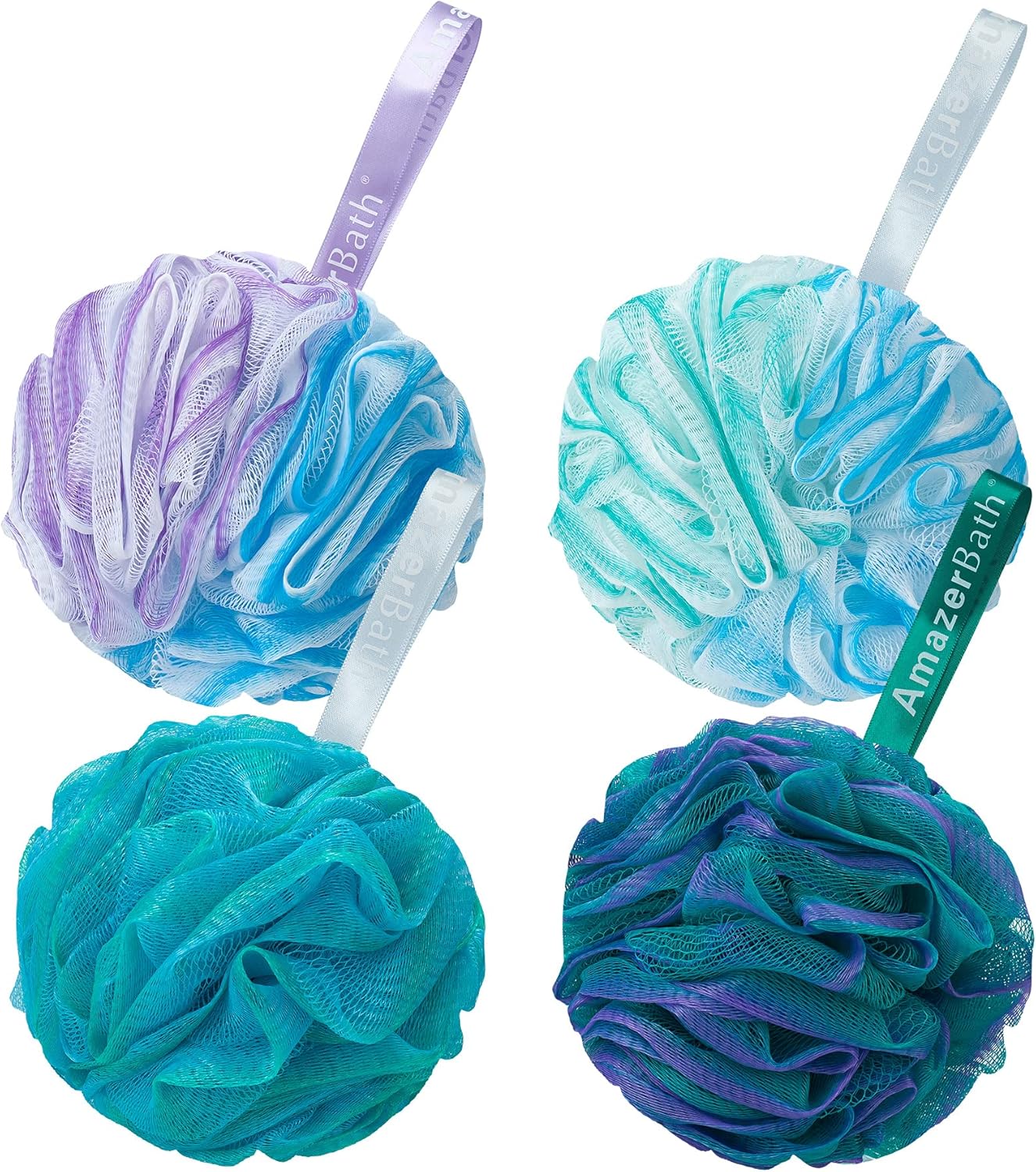 amazerbath loofah sponge 75g/piece, exfoliating bath sponge body scrubber, loofa set of 4 in flower color, large, green-purple