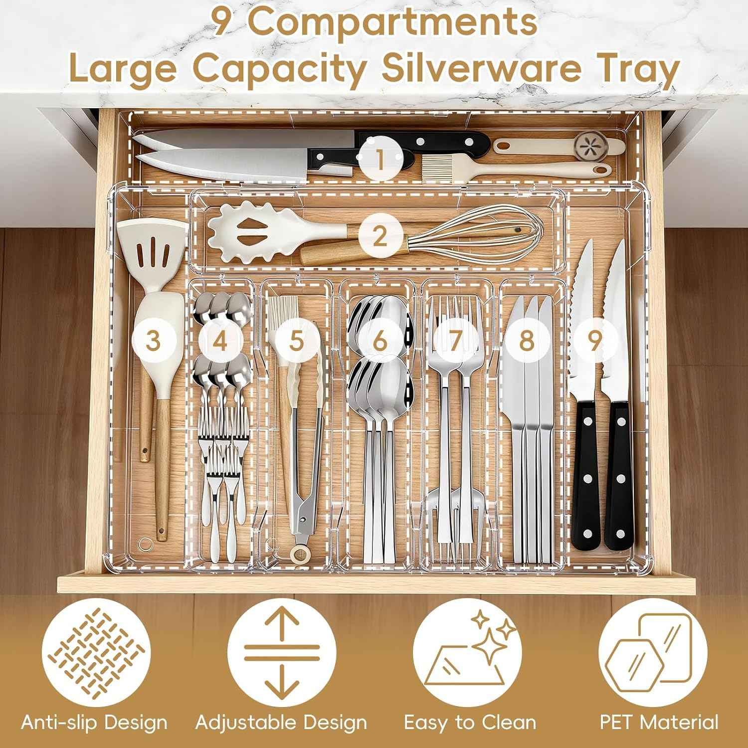 Expandable Silverware Organizers for Kitchen Drawer, Clear Utensil Drawer Organizer Tray, Adjustable Cutlery Flatware Holder for Spoon Fork Knife, Plastic Spatula Tools Gadgets Storage Divider