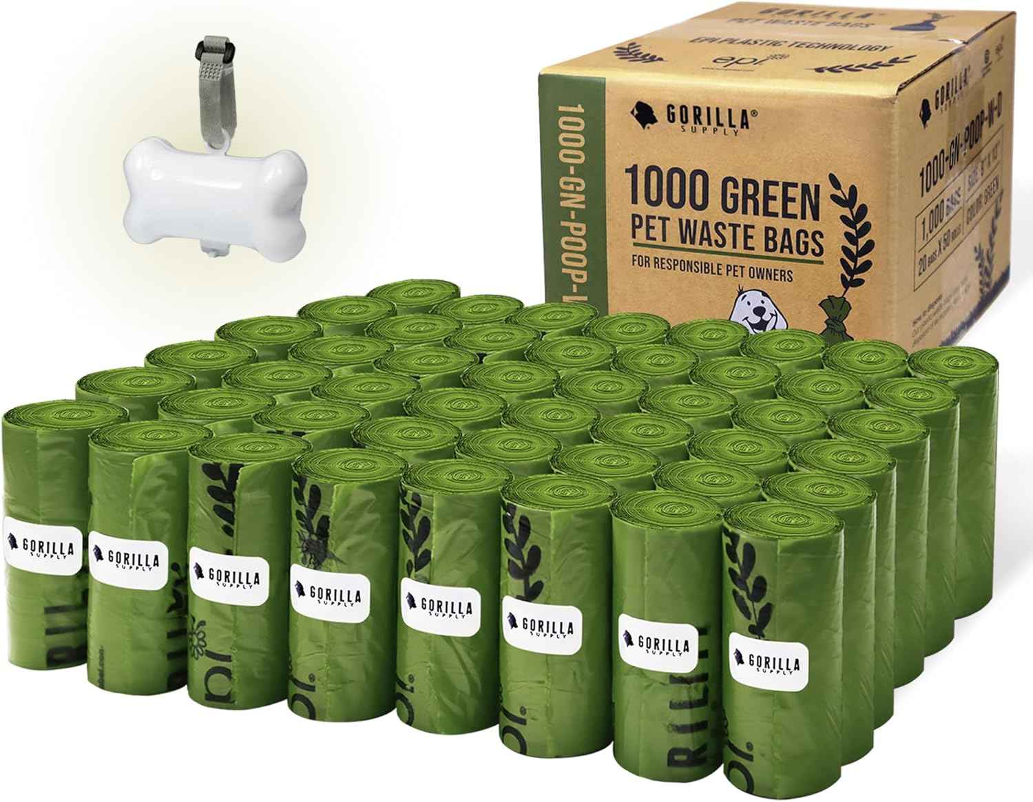 GORILLA SUPPLY 1000 Dog Poop Waste Bags with Dispenser and Leash Tie, 9" x 13", Blue, 1000 Count