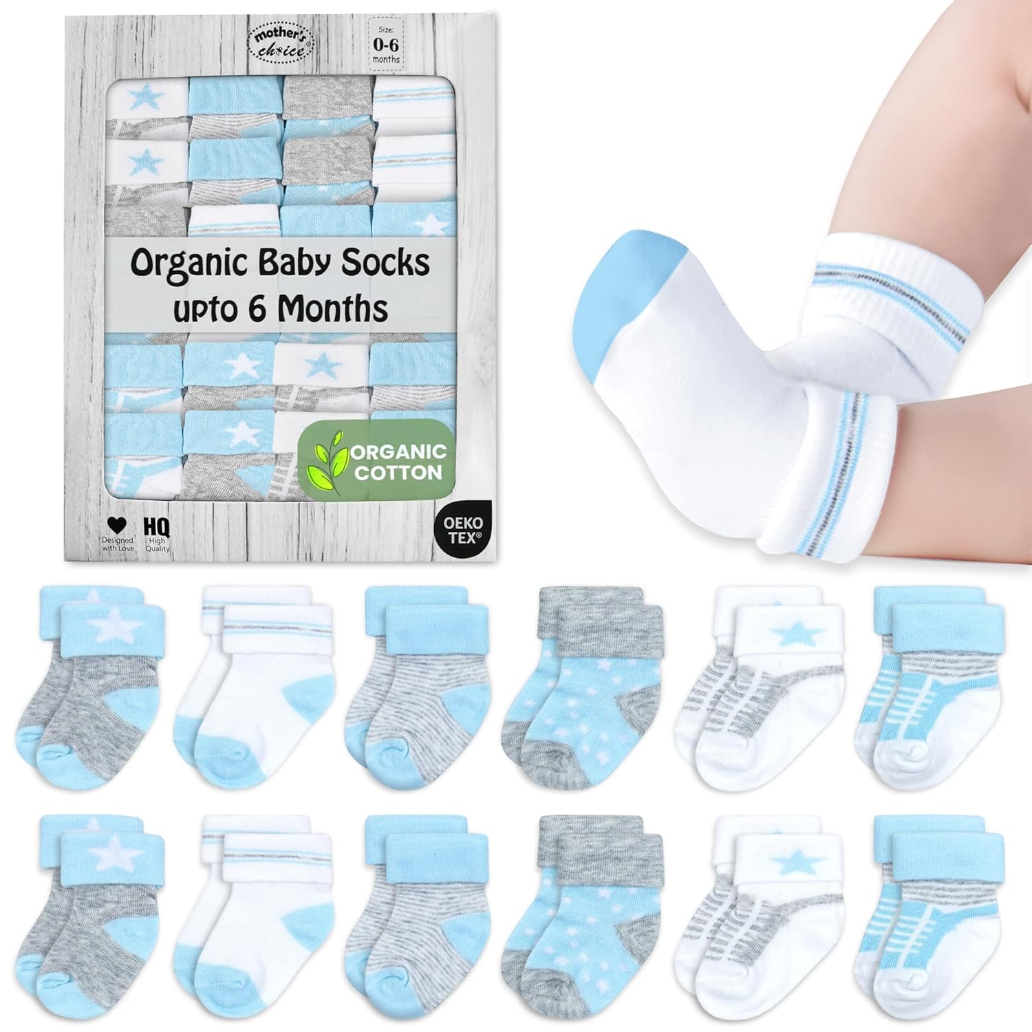 Mother's Choice Organic Cotton Baby Socks 0-6 Months, 12 pairs, Soft, Cozy, and Gentle Socks for Infants Girls and Boys