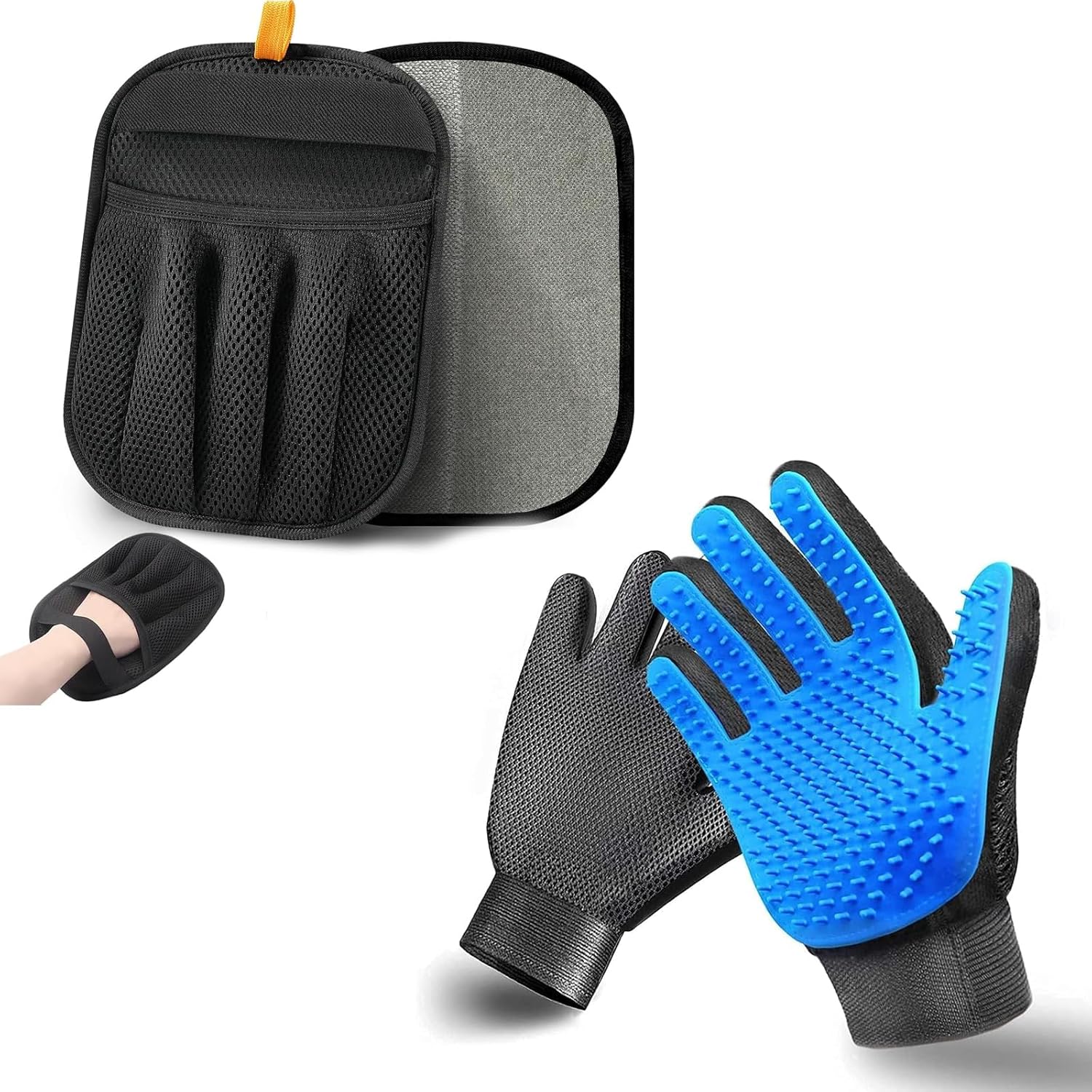 Pet Hair Removal Gloves for Dogs and Cats - 2-in-1 Deshedding Brush Massage Mitt for Shedding Control and Safe Pet Grooming 2-Pack (Blue)