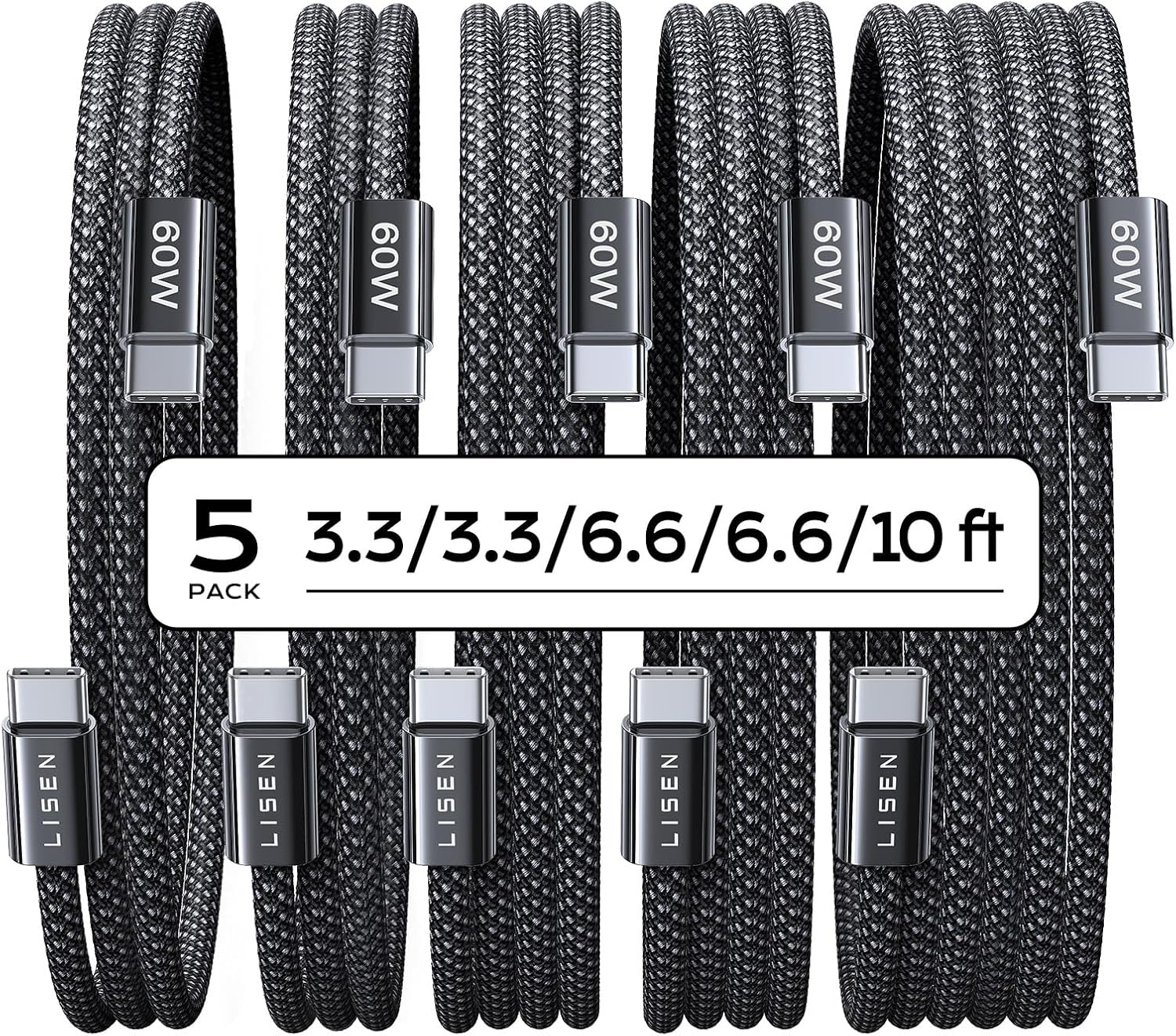 Lisen 5-pack usb c to c cable, 60w fast charging, 10ft for iphone 17, ipad, galaxy s25/s24
