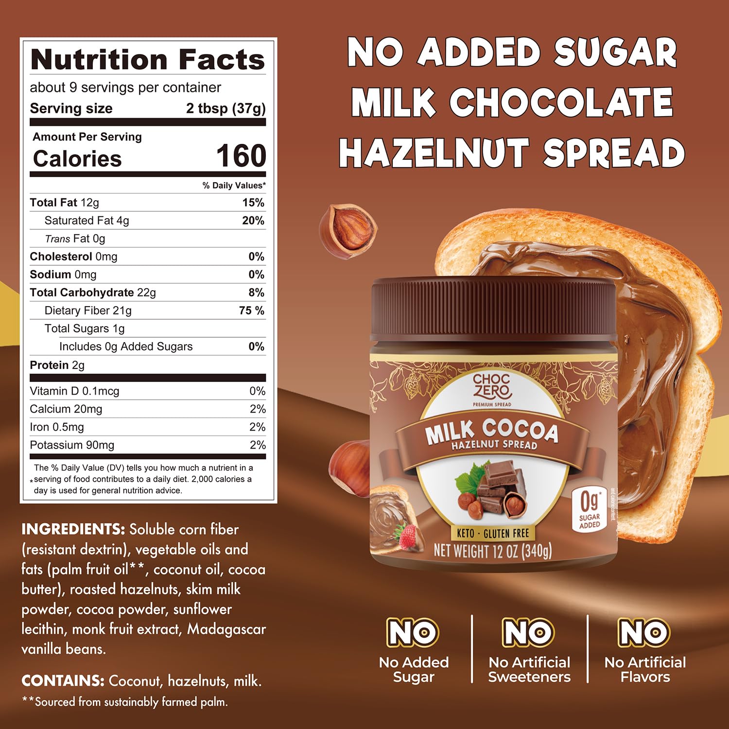 ChocZero 12 oz Milk Chocolate Hazelnut Spread, No Added Sugar, Keto Friendly, Low-Carb, Gluten Free, High Fiber, Versatile