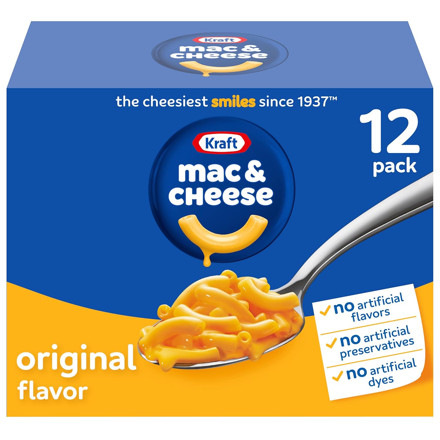 kraft original mac and cheese, 12 boxes, no artificial flavors, 7.25 oz boxes for easy dinner or sides