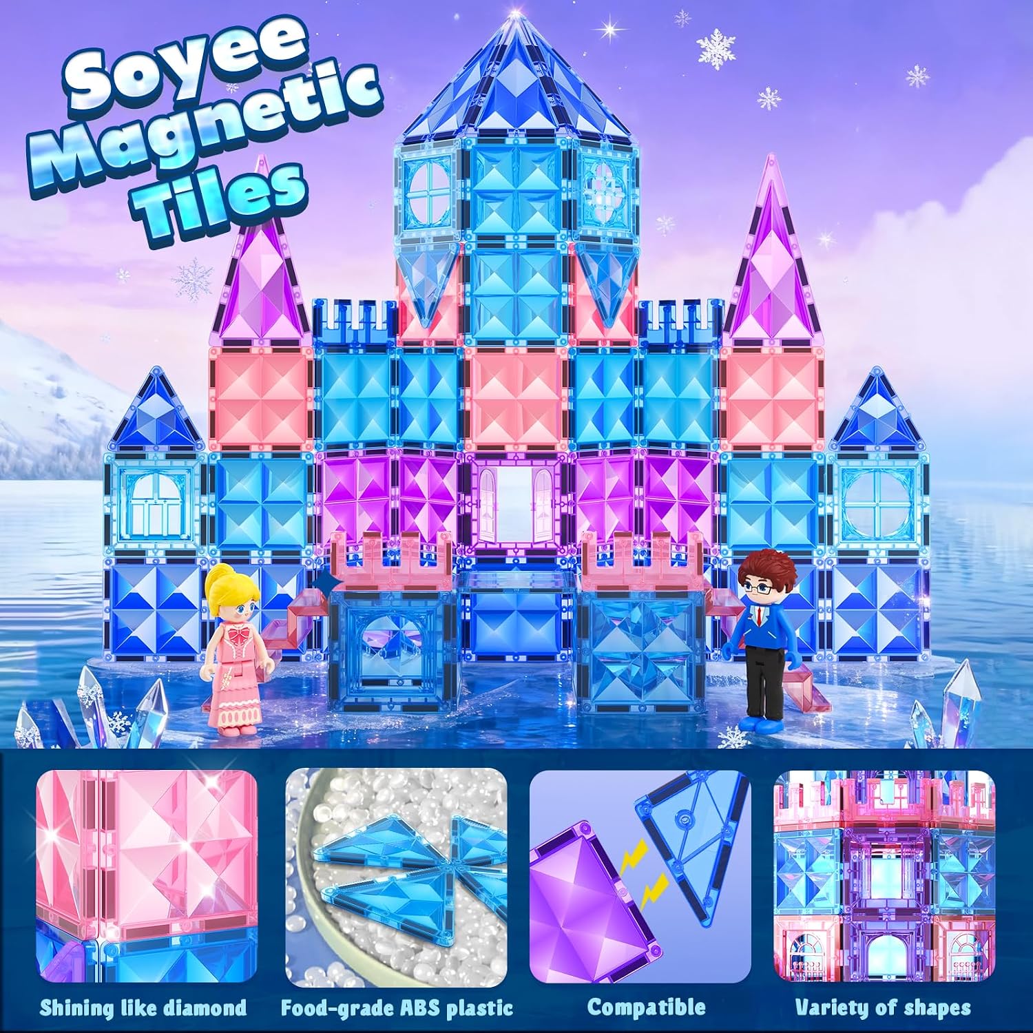 Magnetic Tiles 102pcs with 2 Stairs 2 Dolls Princess Castle Building Girls Toys Age 4-8 Magnetic Blocks Birthday Xmas Gifts for Girls Toys for 3, 8+ Year OldMagnetic Tiles 102pcs with 2 Stairs 2 Dolls Princess Castle Building Girls Toys