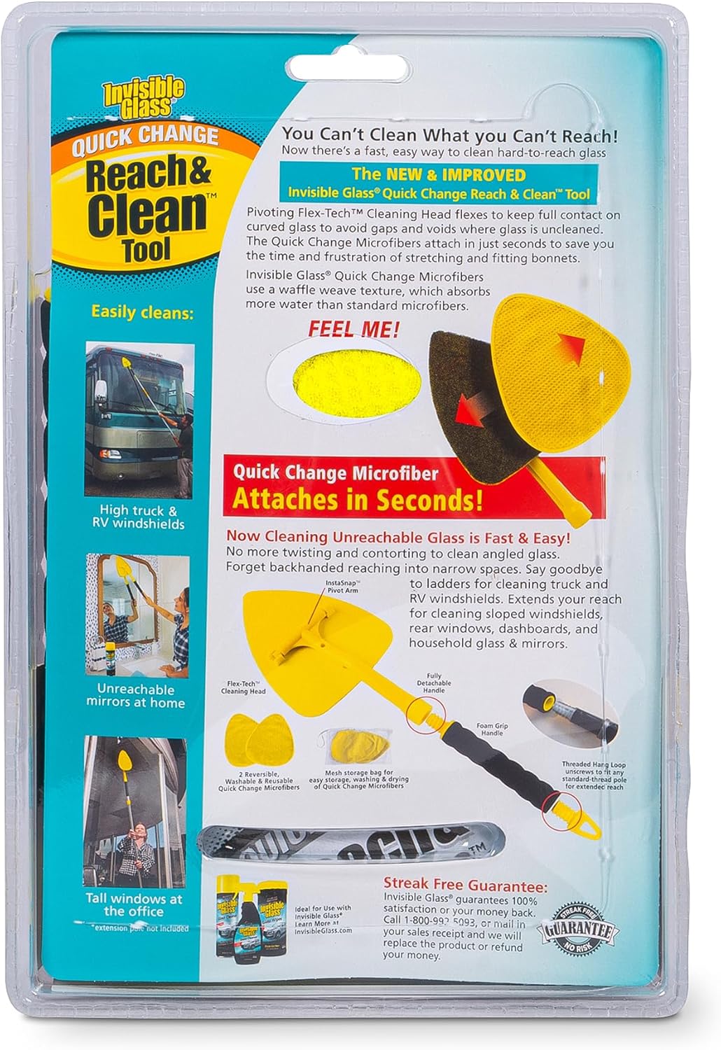 Invisible Glass reach & clean glass windshield cleaner tool kit with extendable handle and reversible microfiber cloths for autos and windows