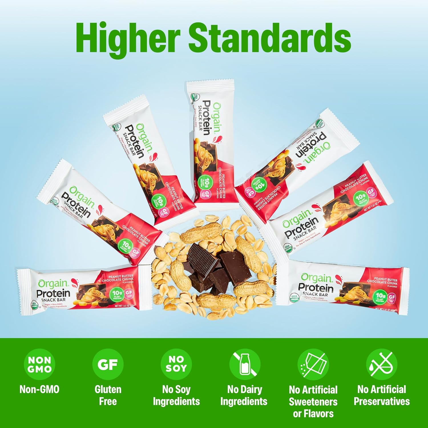 Orgain organic vegan protein bars, 10g plant based protein, peanut butter chocolate chunk, gluten free, non-gmo, 1.41 oz, pack of 12