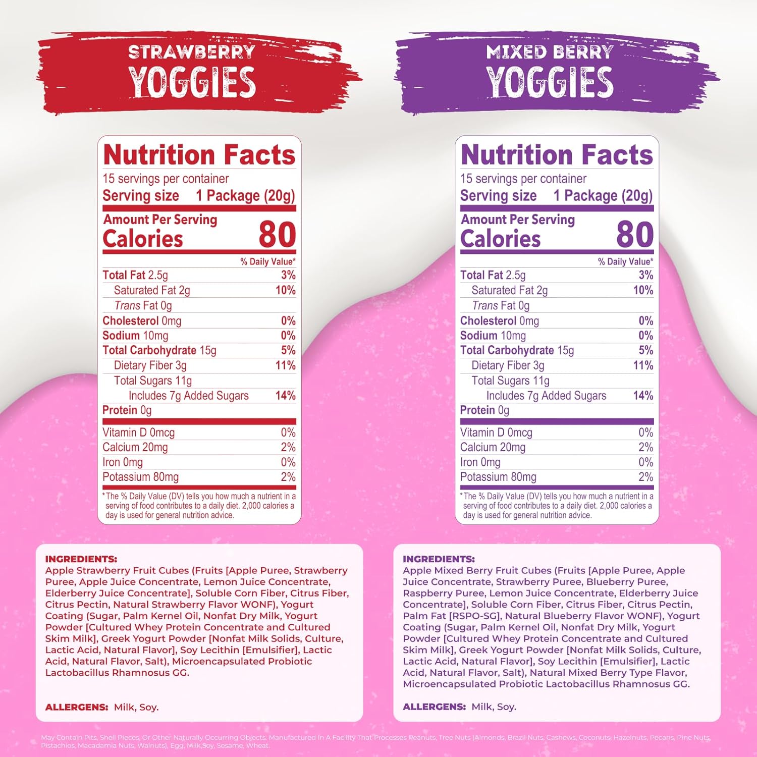 Nature's Garden Probiotic Yoggies multi-pack, 21oz, strawberry and mixed berry flavors, 0.7oz each, high fiber, real fruit pieces, no artificial ingredients