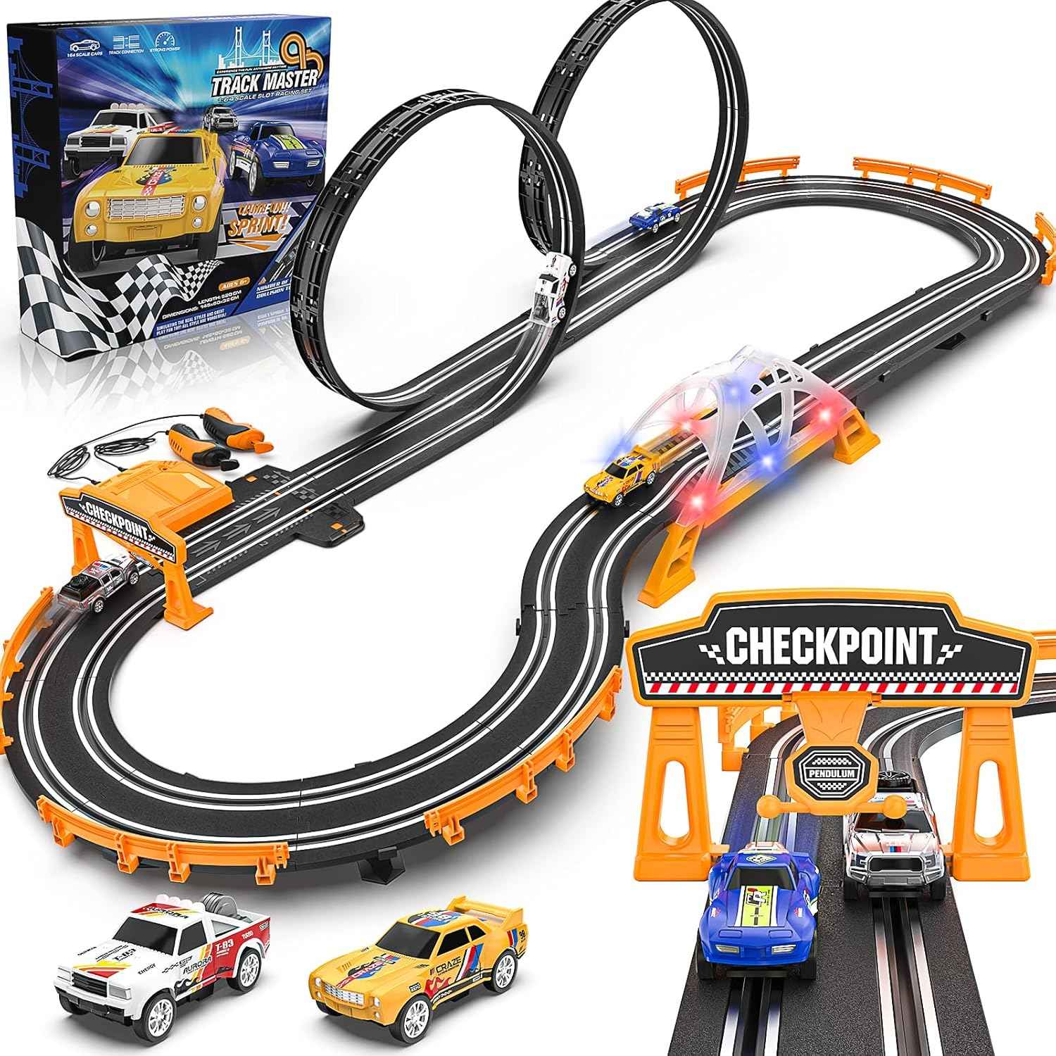 Slot Car Race Track Sets for Boys, Race Car Track with 2 High-Speed Slot Cars, Battery or Electric Car Track, Dual Racing Game Lap Counter Track Sets, Toys Gifts for Boys Girls Ages 4 5 6 7 8-12