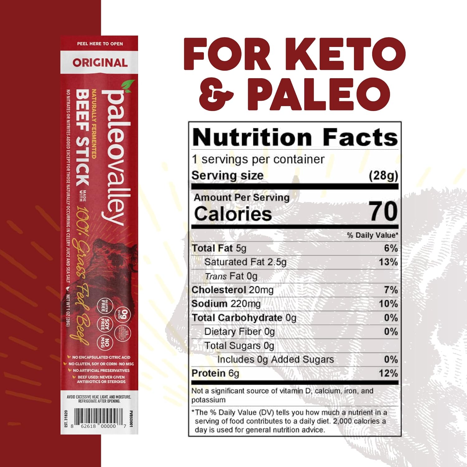 paleovalley 100% grass fed original beef sticks - delicious gluten free snack - keto friendly paleo protein