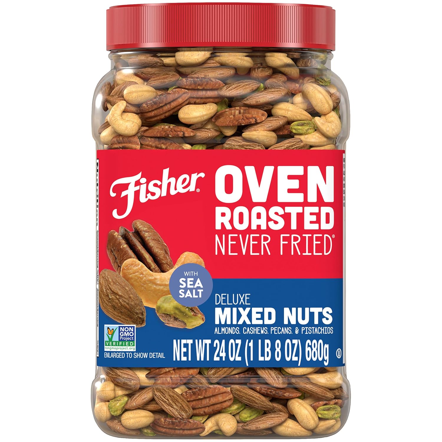 Fisher Oven Roasted Deluxe Mixed Nuts, 24 Ounces, No Added Oil, Gluten Free, Almonds, Cashews, Pecans, Pistachios