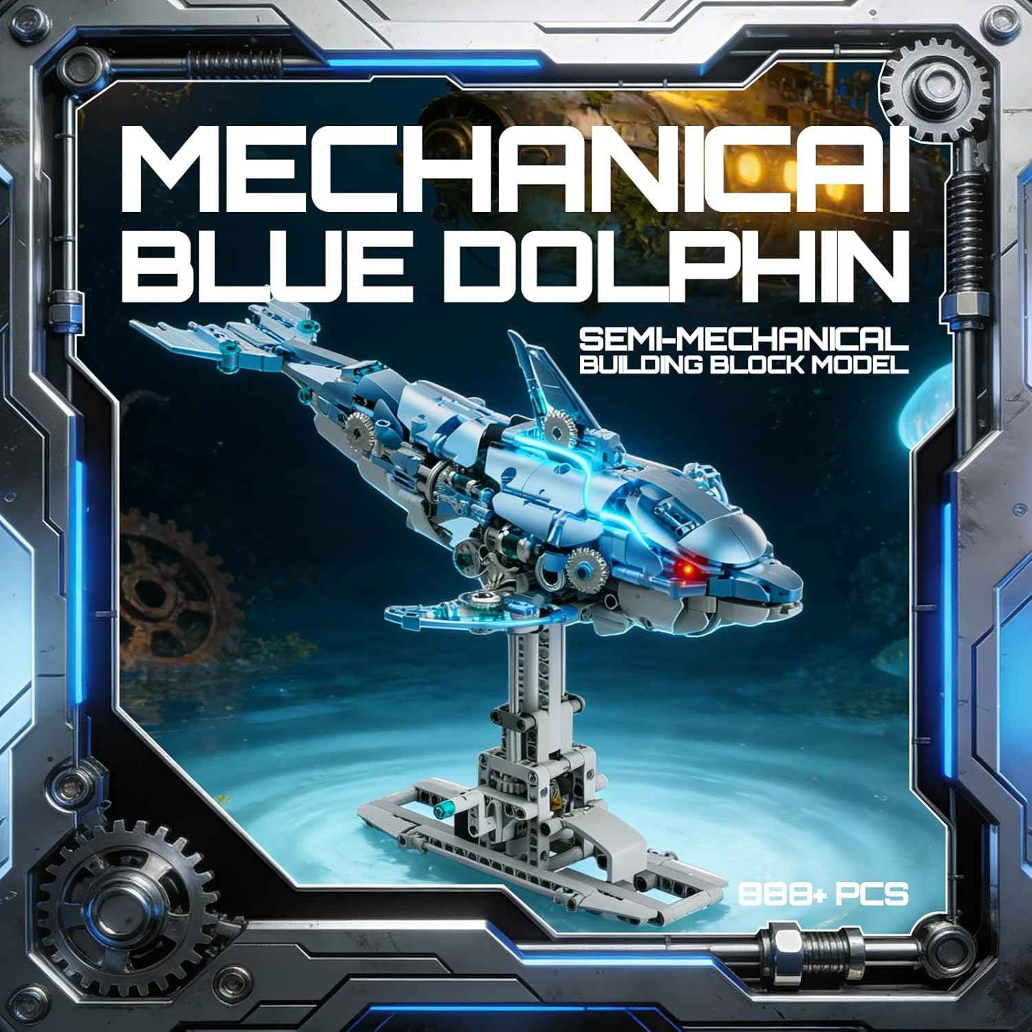 Myth Qholve Mechanical Blue Dolphin Building Blocks Set Hand-Operated Motion, Detailed Gear Design, Display & Play Model Futuristic Ocean Animal Model