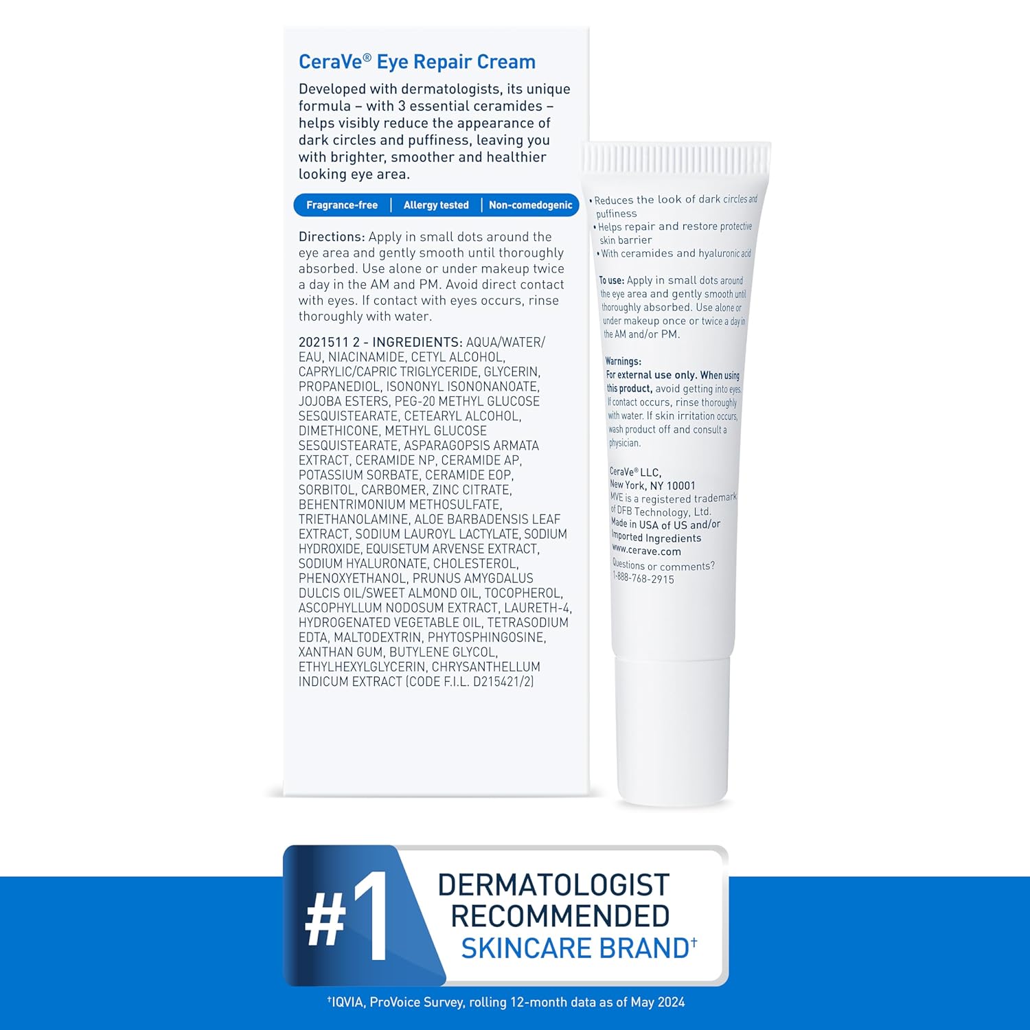 cerave eye repair cream, oil-free, hyaluronic acid, niacinamide, marine botanical complex, opthalmologist tested