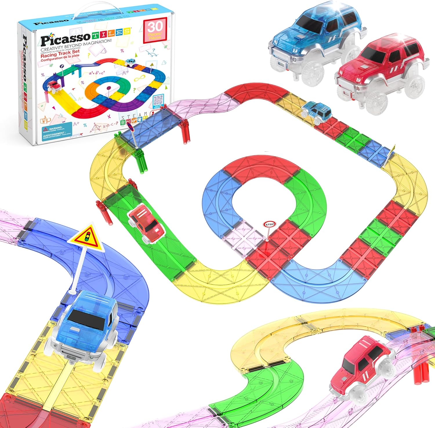 PicassoTiles Race Track Magnetic Tiles Car Toy Fun Playset Includes 2 Racing Trucks Racecars STEM Educational Magnet Building Block Construction Set for Toddlers Boys Girls Ages 3 and Older PTR30