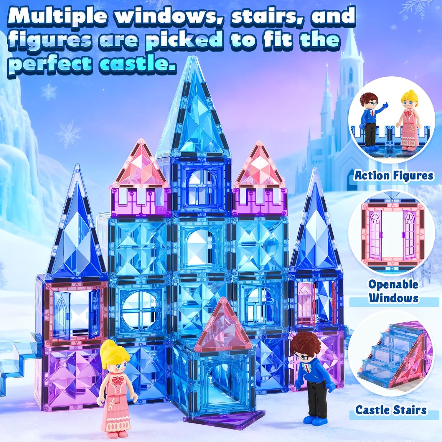 Magnetic Tiles 102pcs with 2 Stairs 2 Dolls Princess Castle Building Girls Toys Age 4-8 Magnetic Blocks Birthday Xmas Gifts for Girls Toys for 3, 8+ Year OldMagnetic Tiles 102pcs with 2 Stairs 2 Dolls Princess Castle Building Girls Toys