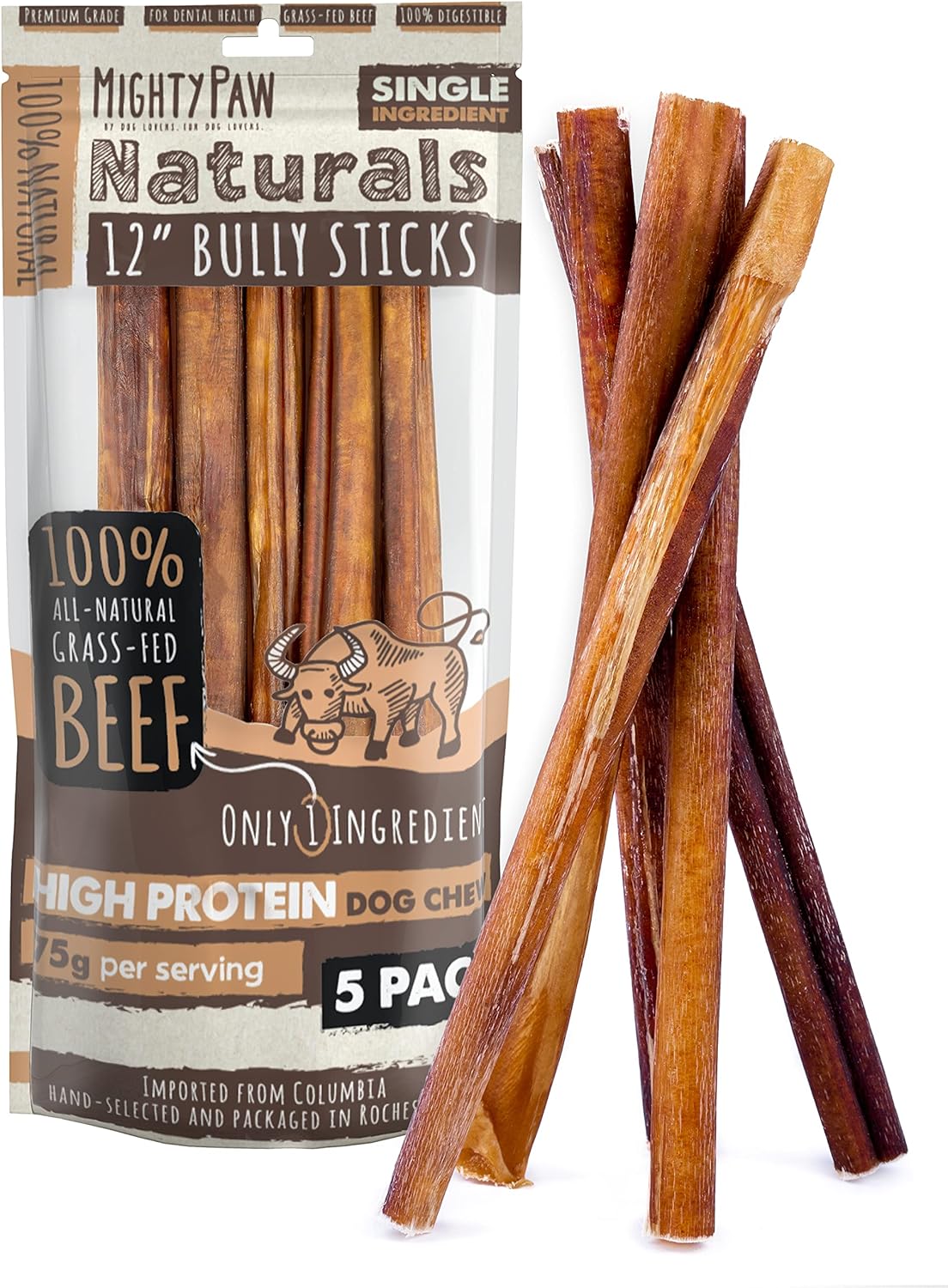 Mighty Paw 12" All Natural Grass Fed Beef Bully Sticks for Large Dogs and Small Breeds - Single Ingredient Treats