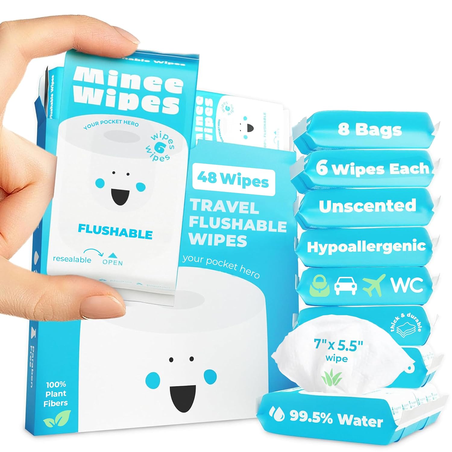 Compact Travel Flushable Wipes for Sensitive Skin - 99.5% Water and Aloe - 8 Pack 48 Wipes