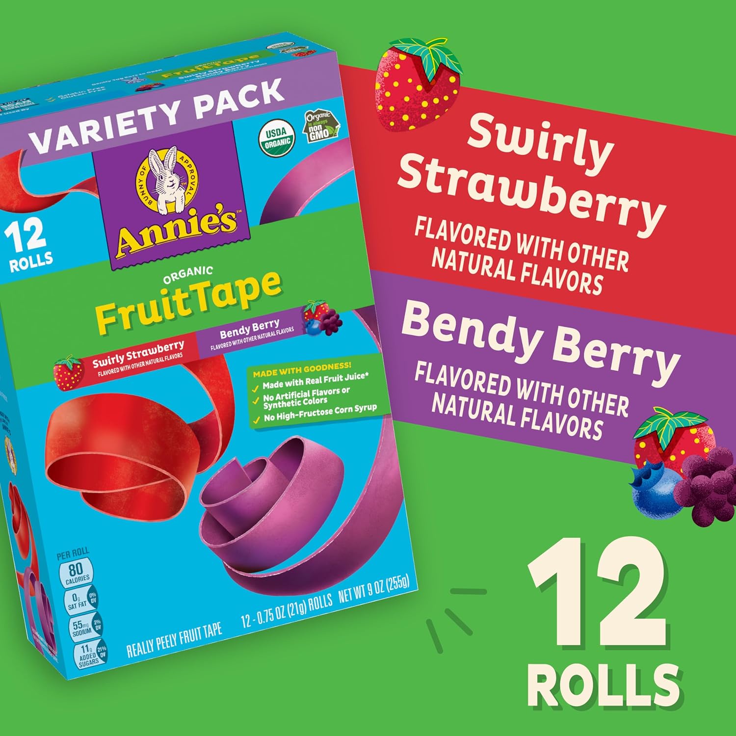 Annie's Organic Fruit Tape, Swirly Strawberry and Bendy Berry, Gluten Free, Variety Pack, 12 Rolls, 9 oz, Organic, Kid-Friendly Snacks, Gelatin-Free, School Snacks