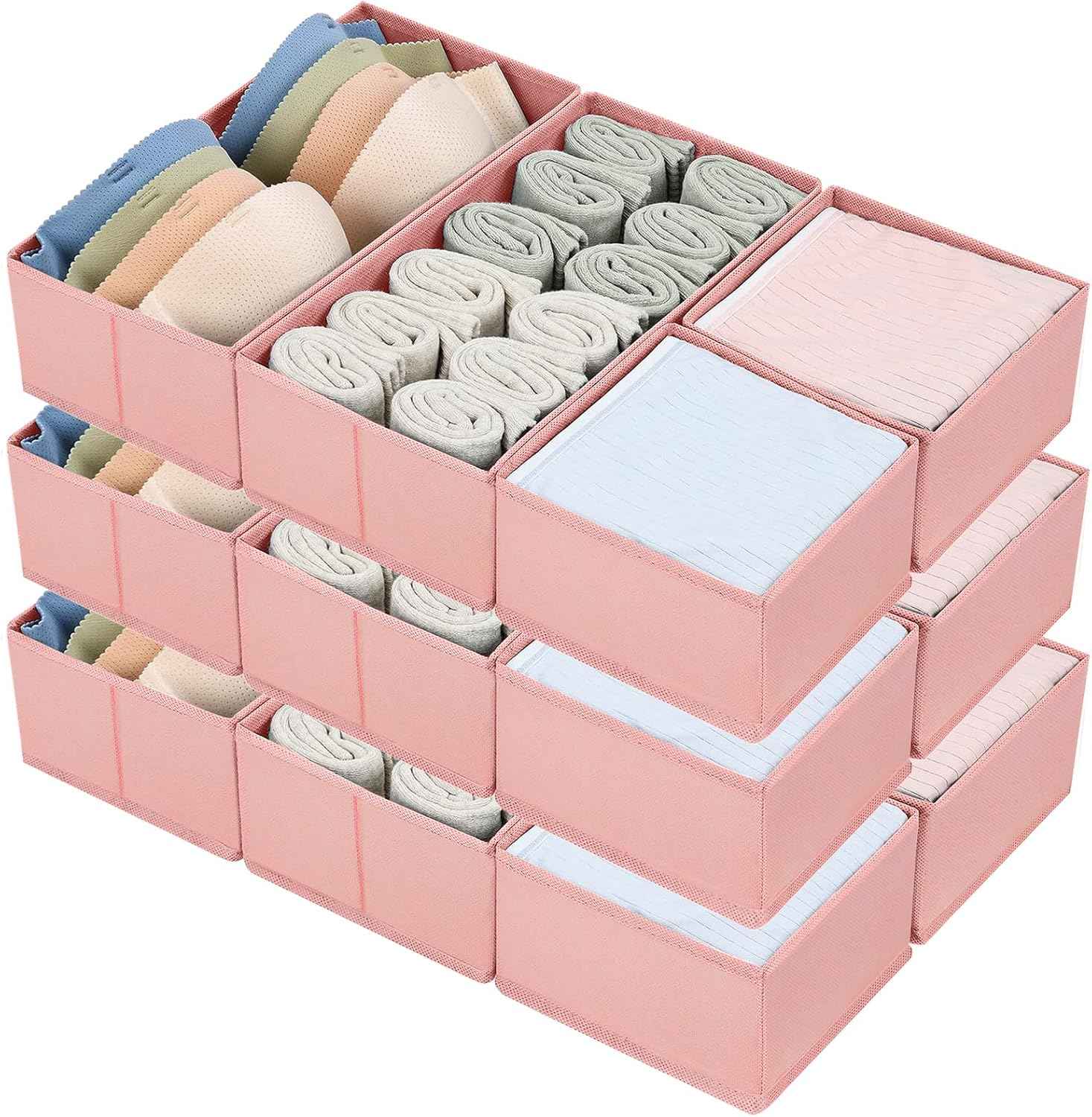 DIMJ Drawer Organizers Clothes, Set of 4 Dresser Organizer Bins, Fabric Closet Organizers and Storage, Shallow Drawer Dividers for Nursery, Clothing, Baby Clothes, Socks, Underwears, Tie (Beige)