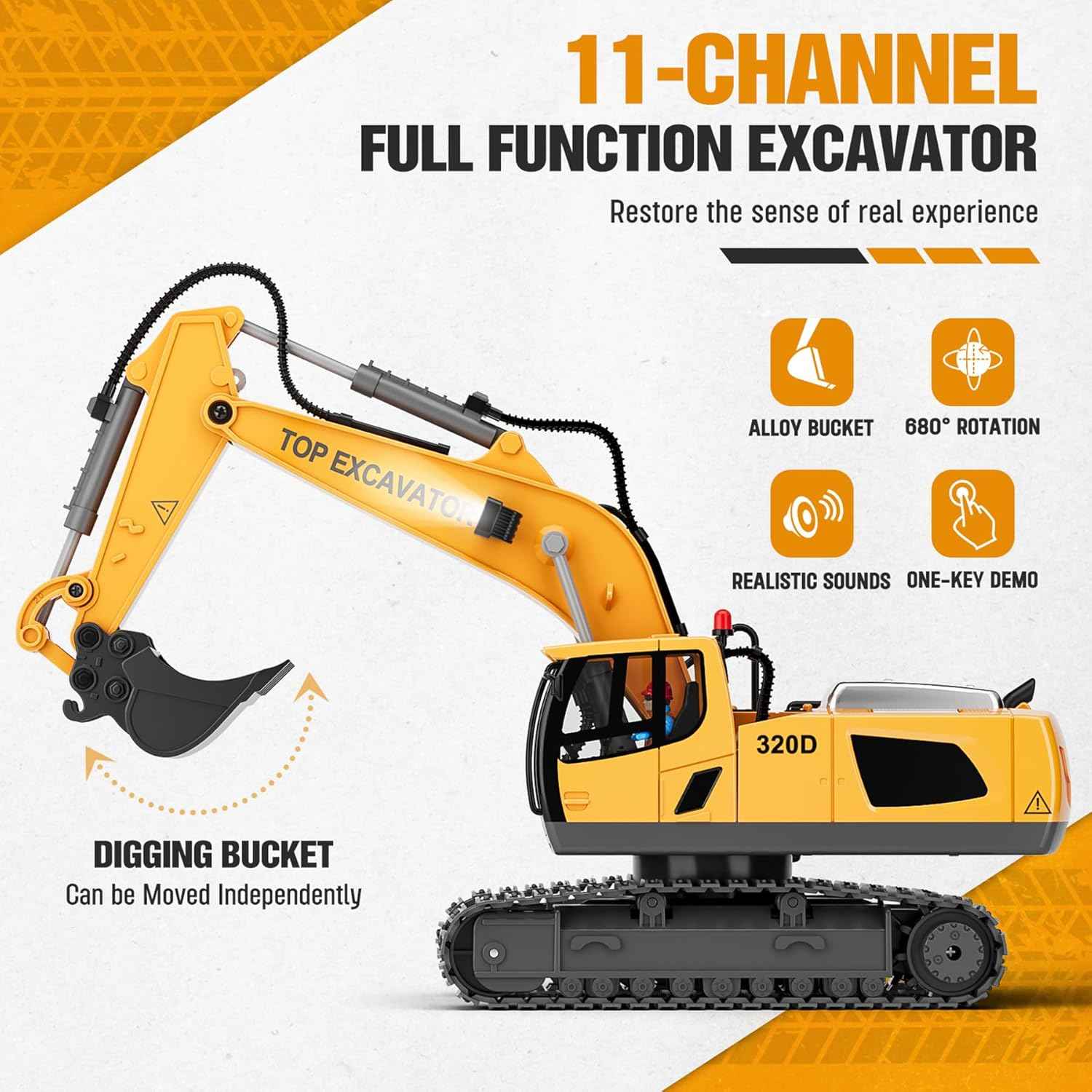 KIDMARKT Remote Control Excavator Toy for Boys | 11-Channel Metal Construction Truck with Lights, 2×1200mAh Batteries, 120-Min Playtime | RC Excavator Toys for Kids Ages 3-12, STEM Gift for Birthday